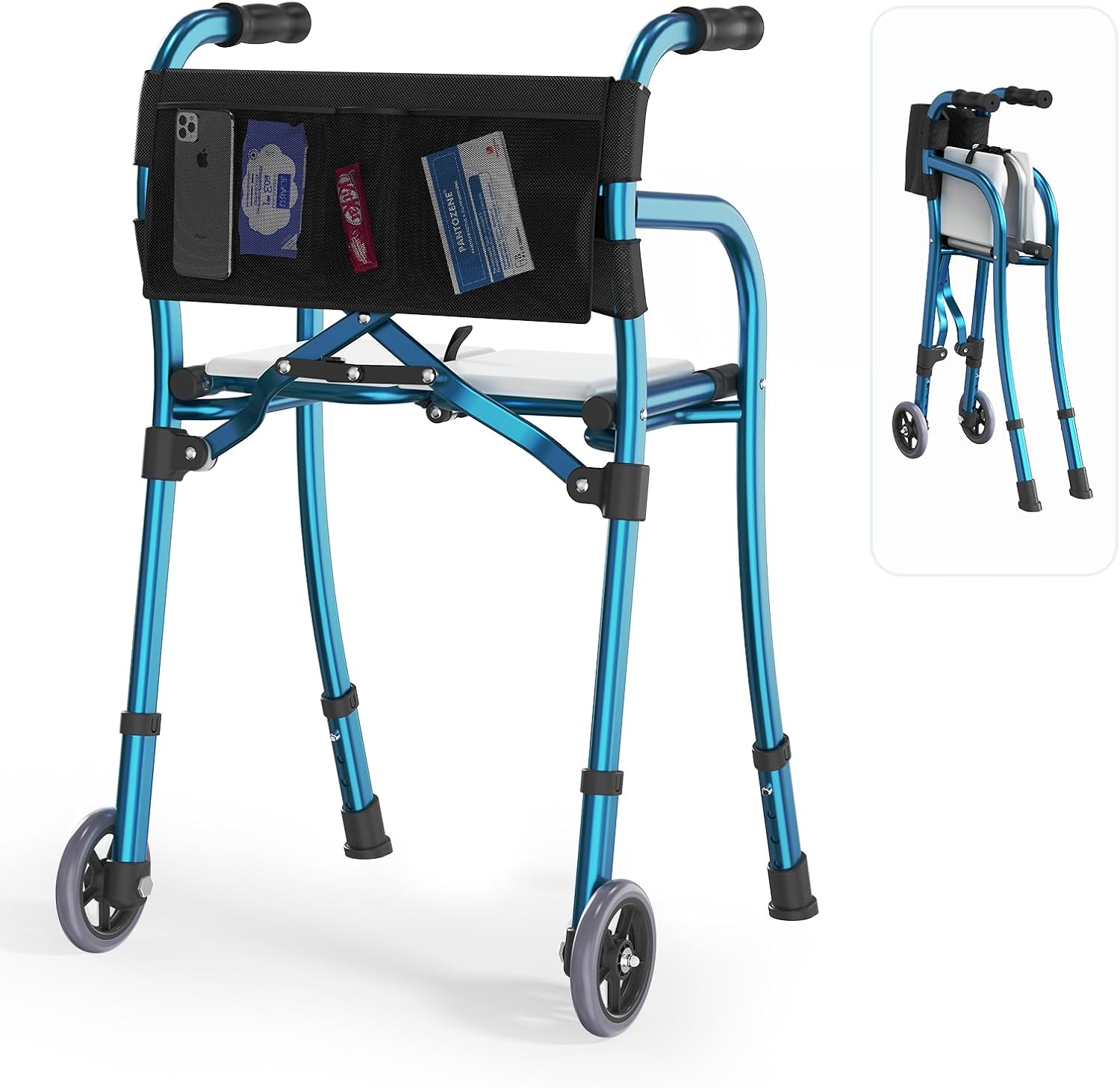 Walkers for Seniors with Seat, Lightweight Folding Space Saver Mobility Rolling Walker,Height Adjustable Standard Walker with Aluminum Frame, 5-inch Wheels, Compact Travel Walker (Blue)