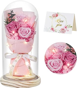 HVY Flowers Gifts for Her Mom Women Preserved Forever Fresh Flowers Bouquet with Blue and White Roses in Glass Dome Suitable for All Occasions Valentines Mothers Day Anniversary Thanksgiving Birthday