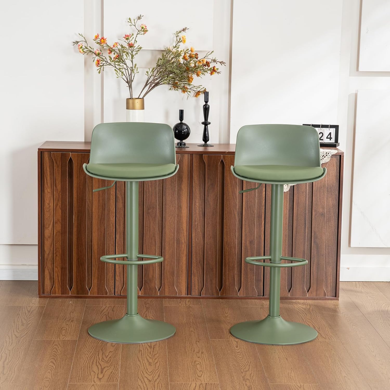 YOUNIKE Sgabello da Bar Verde Set di 2, Sgabelli da Cucina Girevole 360° Regolabili Altezza con Poggiapiedi, Moderno Seggiolone per Bar, Cucina, Bancone