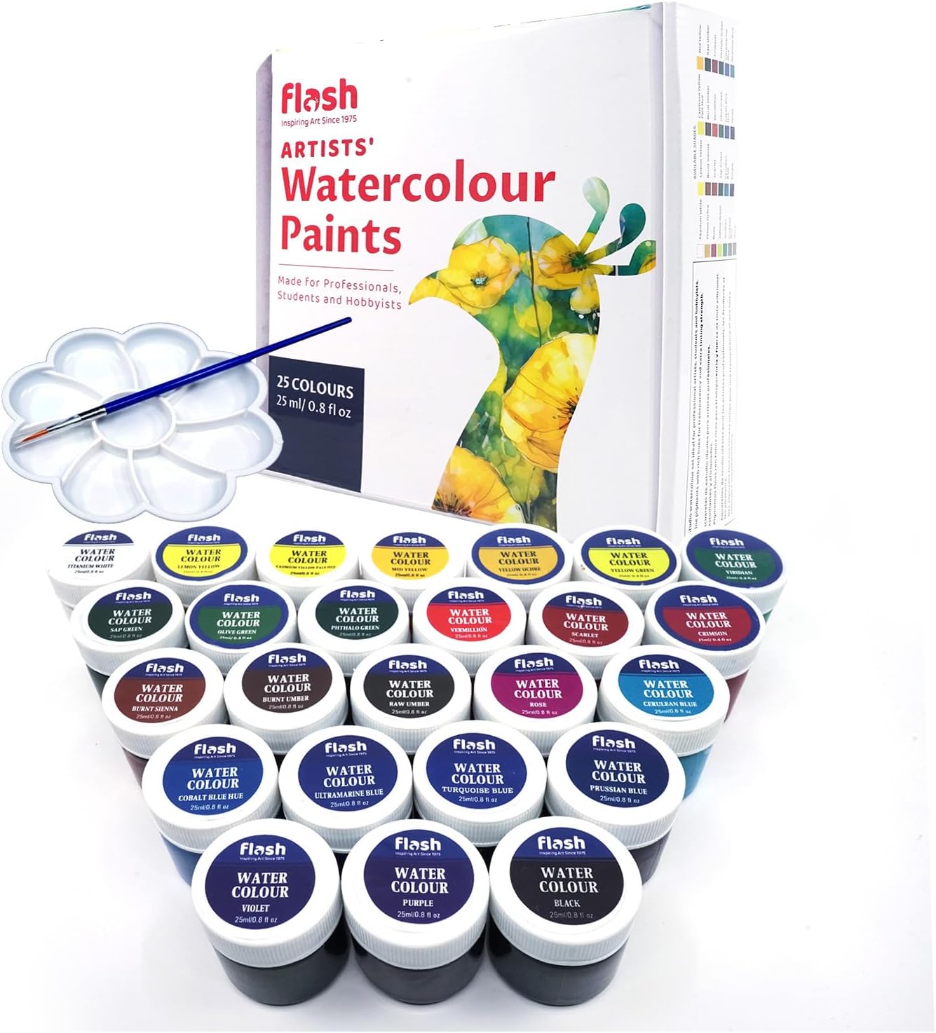 Flash Water Colours Combo Pack with Brush & Pallett For Painting-Painting Kit for Kids Artists Professionals Hobby Painters-Matt Finish Rich Pigments Non Toxic Watercolor Set-25 ml each (Set of 25)