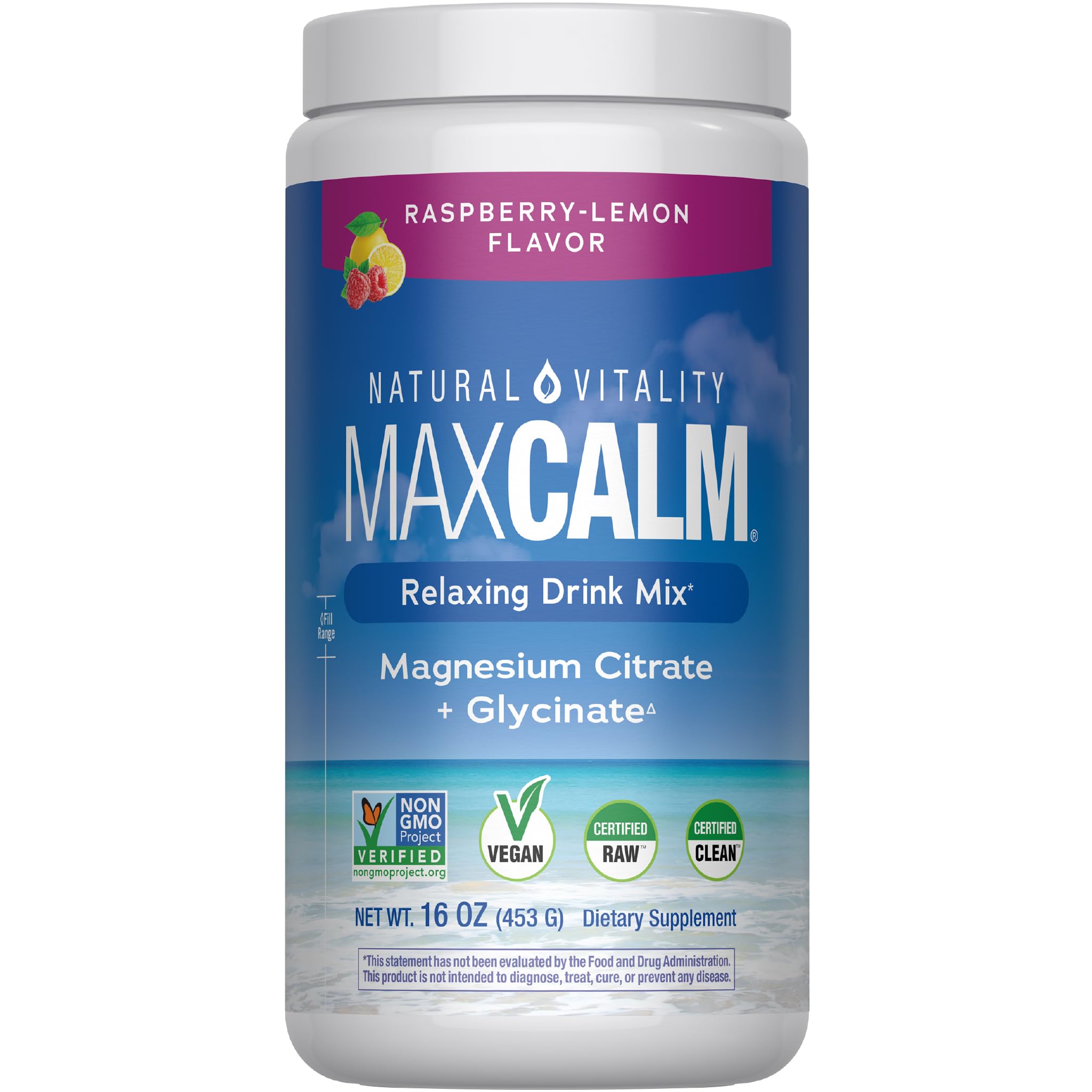 Vitalité naturelle Calme, supplément de citrate de magnésium, poudre de mélange anti-stress, sans gluten, végétalien et non-OGM, citron framboise, 16 oz
