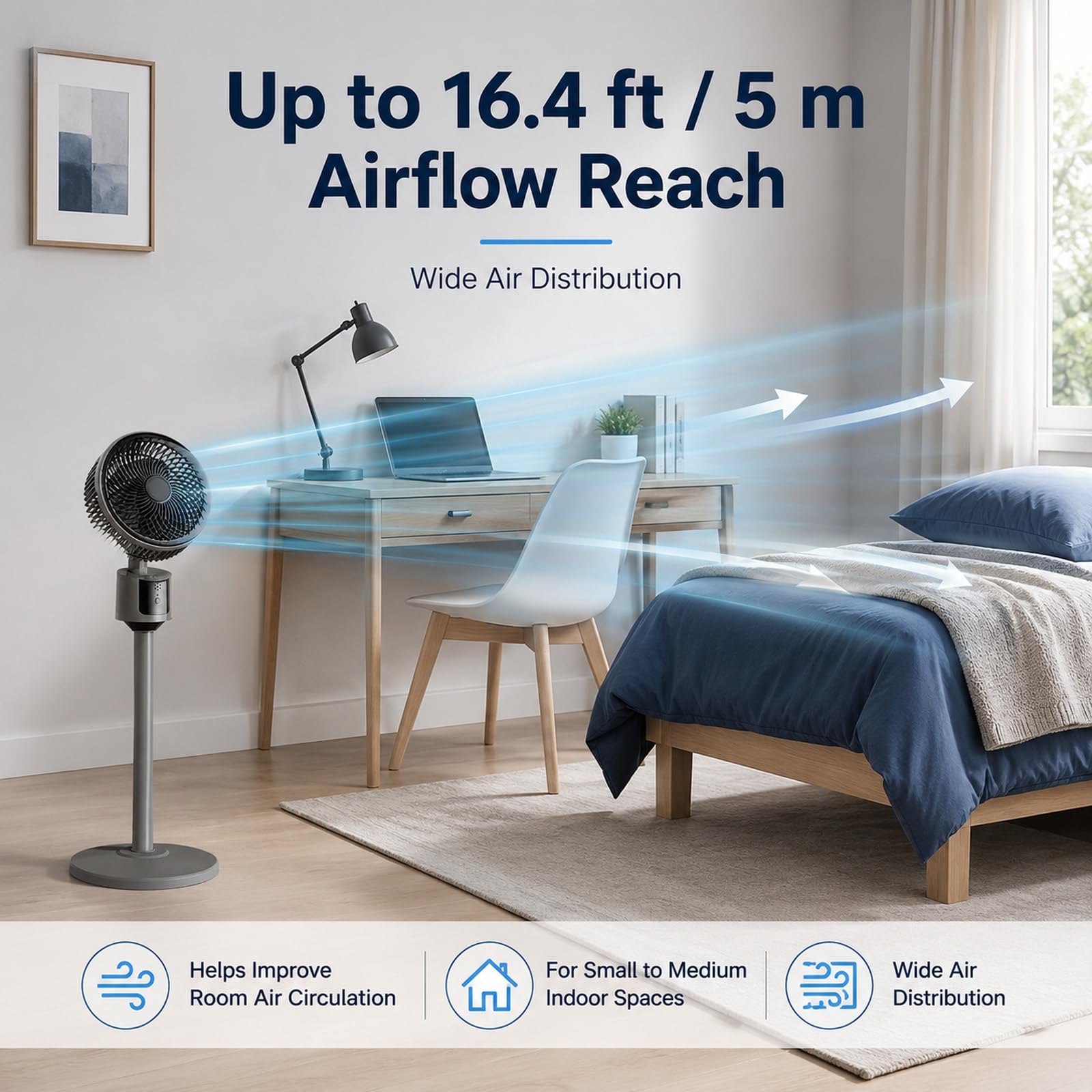 Ventilatore da terra da 30 dB per camera da letto, ventilatore USB da pavimento, 80 cm, 3 modalità, flusso d'aria 5 m, griglia protettiva e base a punta, per ufficio, dormitorio, camera da