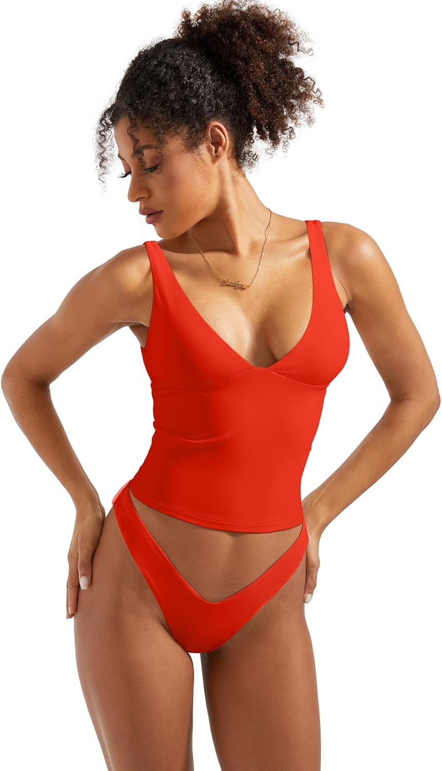 SUUKSESS Women Sexy V Neck V Back Tank Top Summer Sleeveless Going Out Double Lined Basic Tops - Image 5