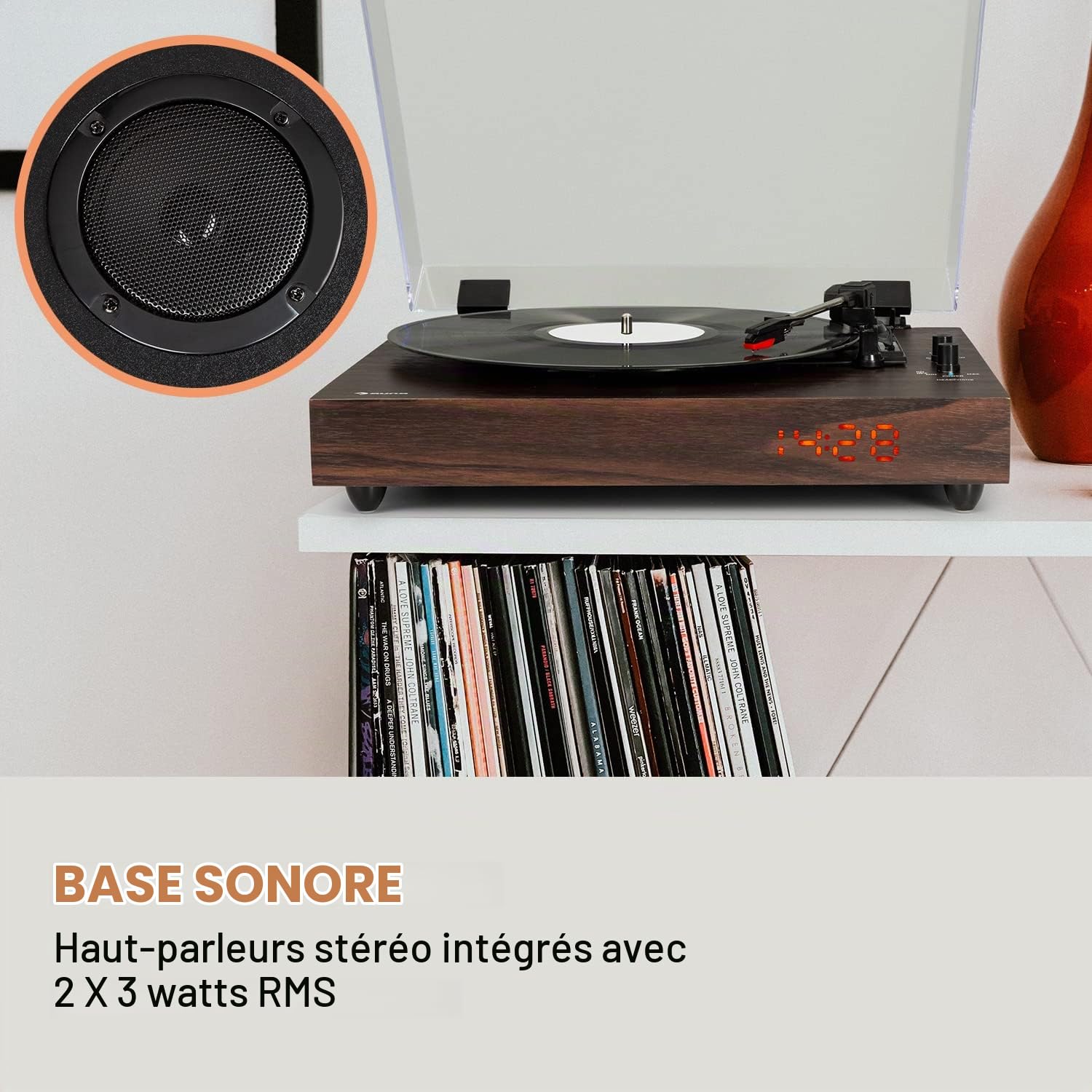 auna TT-Classic Chrono Tourne-disque vinyle avec housse anti-poussière et platine Bluetooth 33/45/78 tr/min Marron