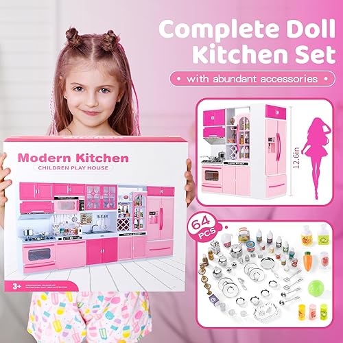 Miniatura 2 de 64 piezas de juguetes de cocina rosas con sonidos de luces, mini juegos de muebles de cocina para niños de 4 a 8 años, juguetes de muñeca para niños