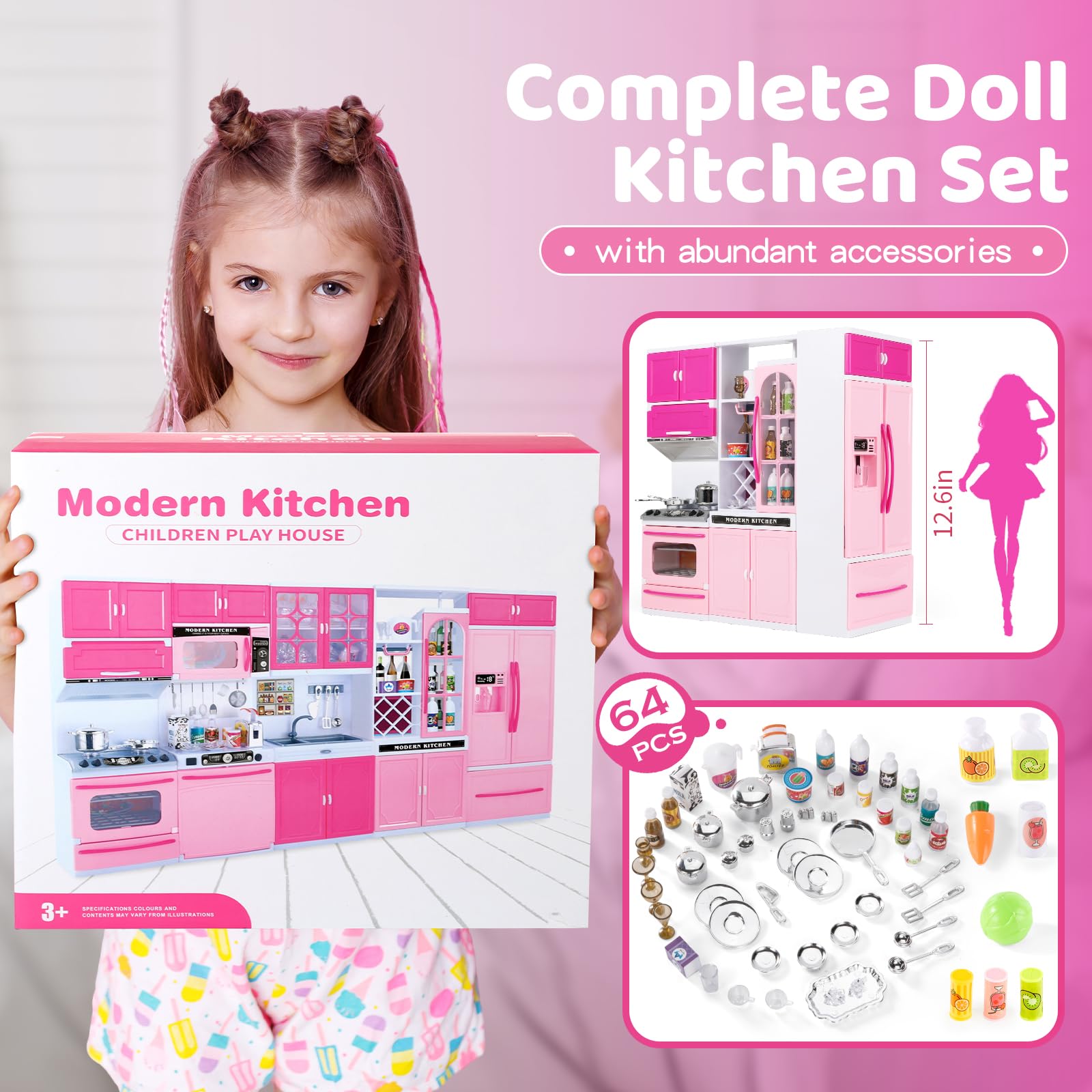 SOCBTNSO 64 PCS Pink Kitchen Toys with Lights Sounds|Mini Kitchen House Furniture Sets for Kids Ages 4-8|Doll Playset Toys for Toddlers 3-5|Birthday Gifts for 3 4 5 6 7 8 Old Girls