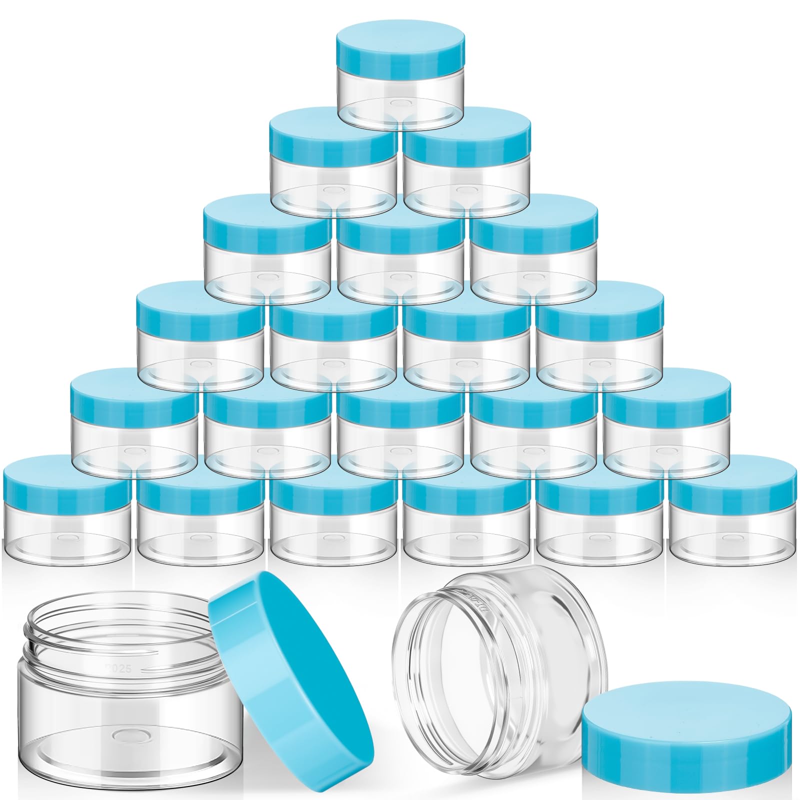 SATINIOR 24 Pieces Clear Plastic Jars with Lids, Blue Lid, 1 oz