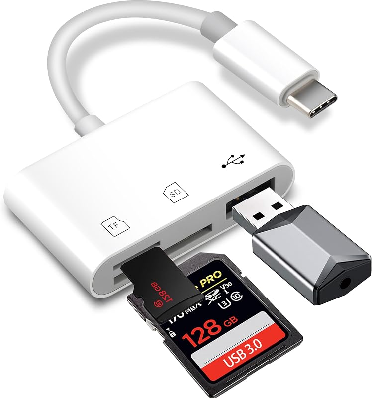 USB C SD Card Reader, ADRUDY SD Card Reader for iPhone 15 16 iPad/Mac/Android Devices, 3 in 1 Memory Card Reader with SD/MicroSD & USB Port, Plug and Play