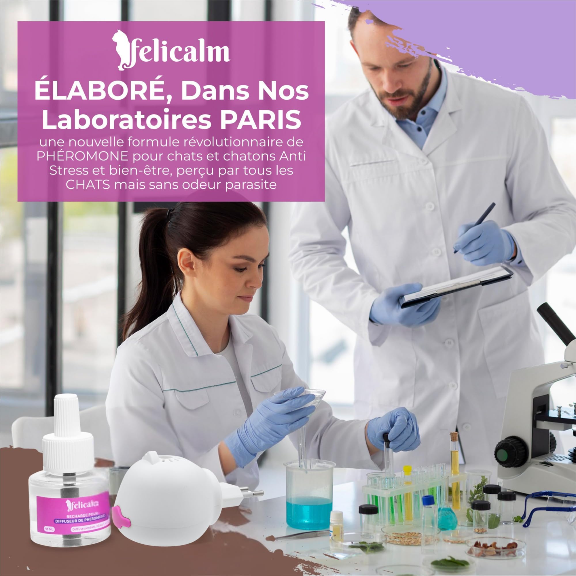 Paris -Nouvelle Formule de PHEROMONE pour Chat et Chaton -DIFFUSEUR Intelligent ECONOMIQUE SECURITAIRE + Recharge de 48 ML- Anti Stress pour Chat- CALMANT- Bonheur et Harmonie.