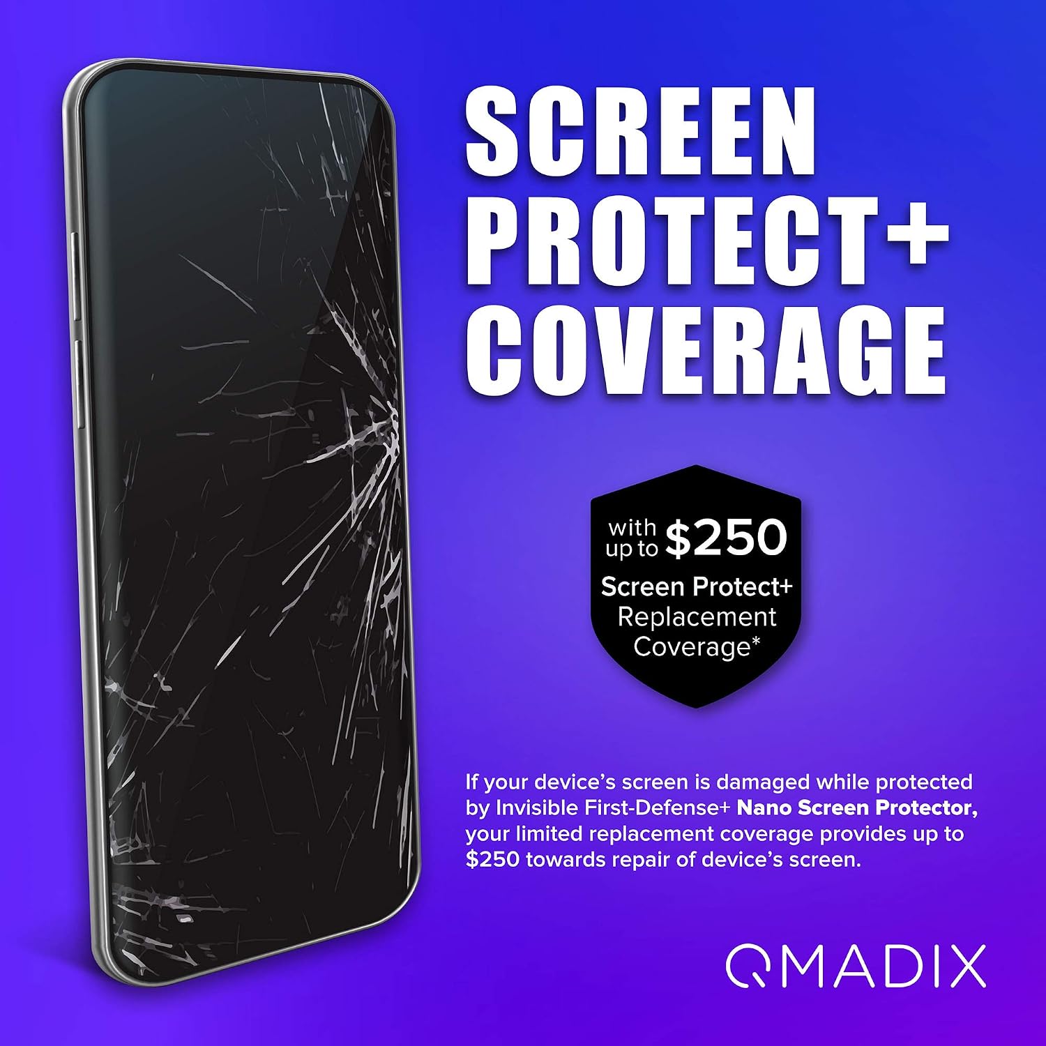 Qmadix $250 Replacement Guarantee Invisible First Defense Nano Liquid Screen Protector [Scratch Resistant] for All iPhone, iPad, Apple Watch, Samsung Phones - Extreme Liquid Glass Protection