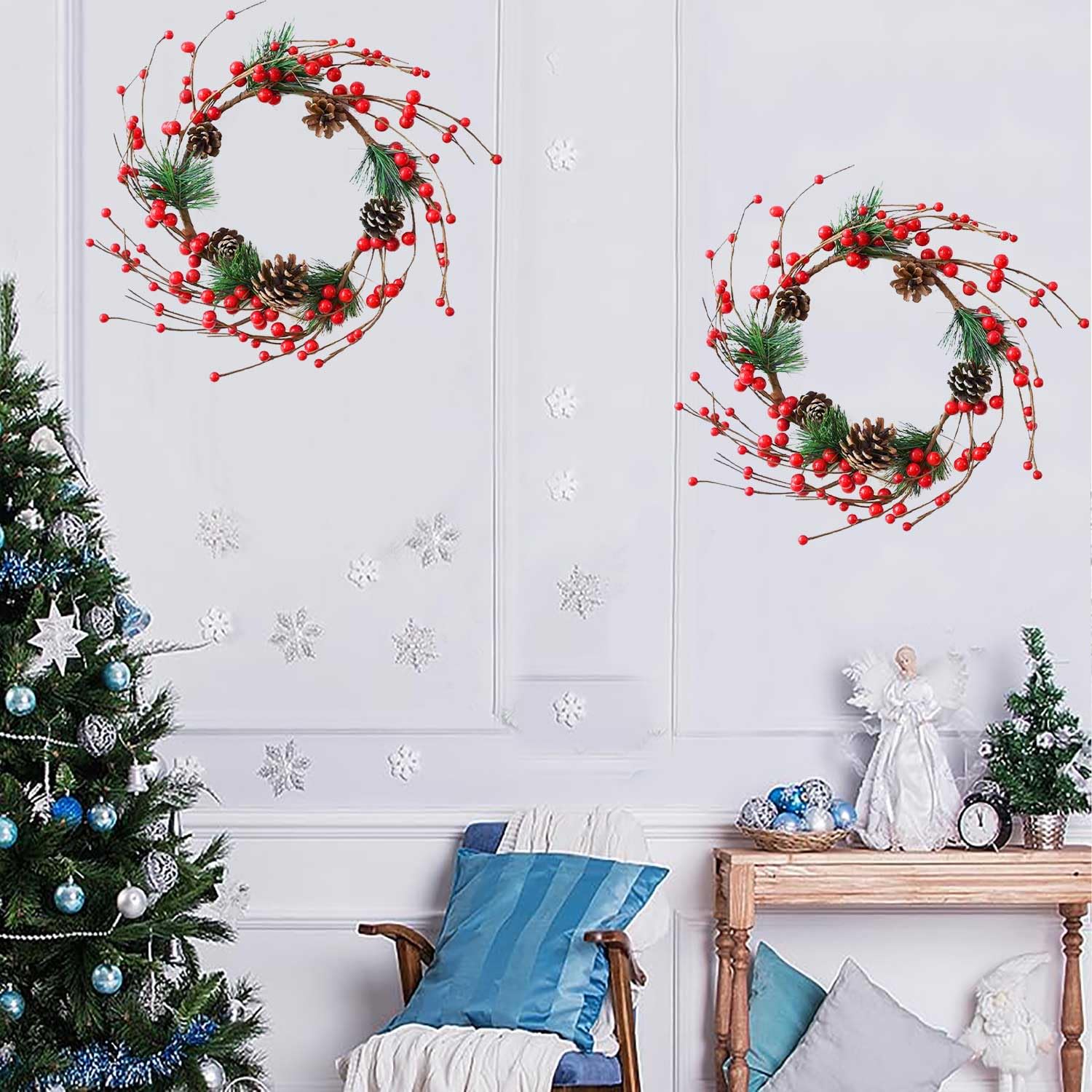 Künstlicher Weihnachtskranz, 30,5 cm, 2 Stück, handgefertigt, Rattan, kleine Weihnachtstür, zum Aufhängen mit roten Beeren, Tannenzapfen für drinnen und draußen, DIY-Weihnachtsdekoration, Wand,