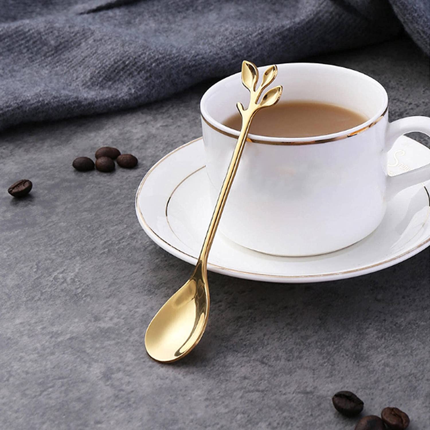 Löffel Restaurants Kreative Edelstahl Löffel Zweig Blätter Gabel Kaffee Küchenzubehör Geschirr Dekoration Esslöffel Hause(Gold Spoon)