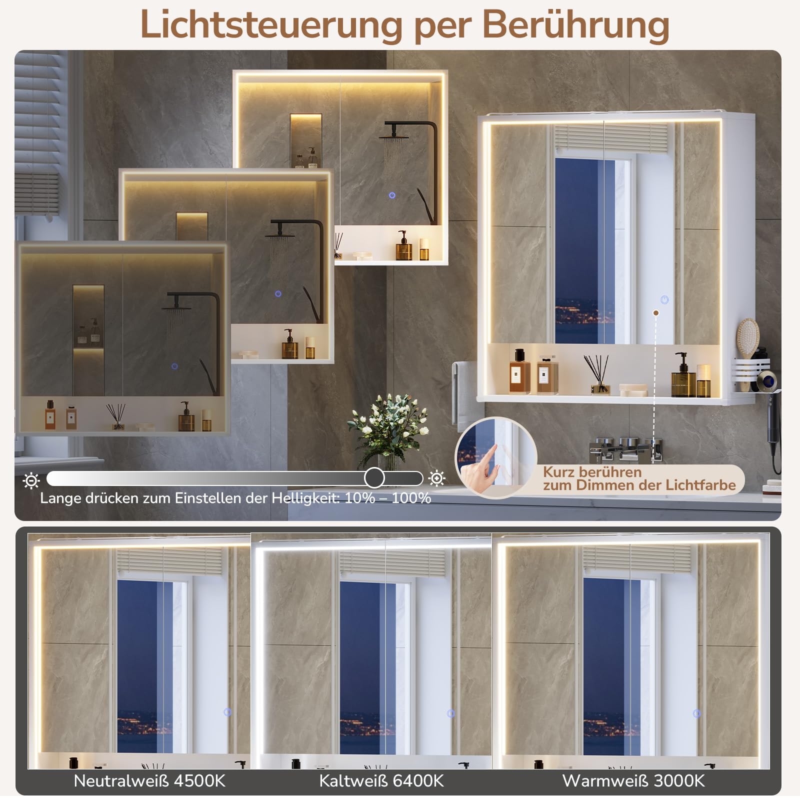 2-türiger LED-Spiegelschrank 80x78x18 cm, Steckdose, Touch-Sensor & 3 dimmbare Lichttemperaturen – inkl. Föhnhalter, Handtuchhalter & verstellbarem Einlegeboden – Weiß