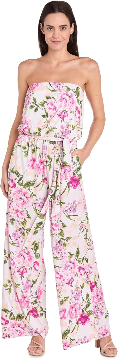 Strapless Floral Jumpsuit W/Waist Tie Sash & Pocket - Relaxed Fit Romper