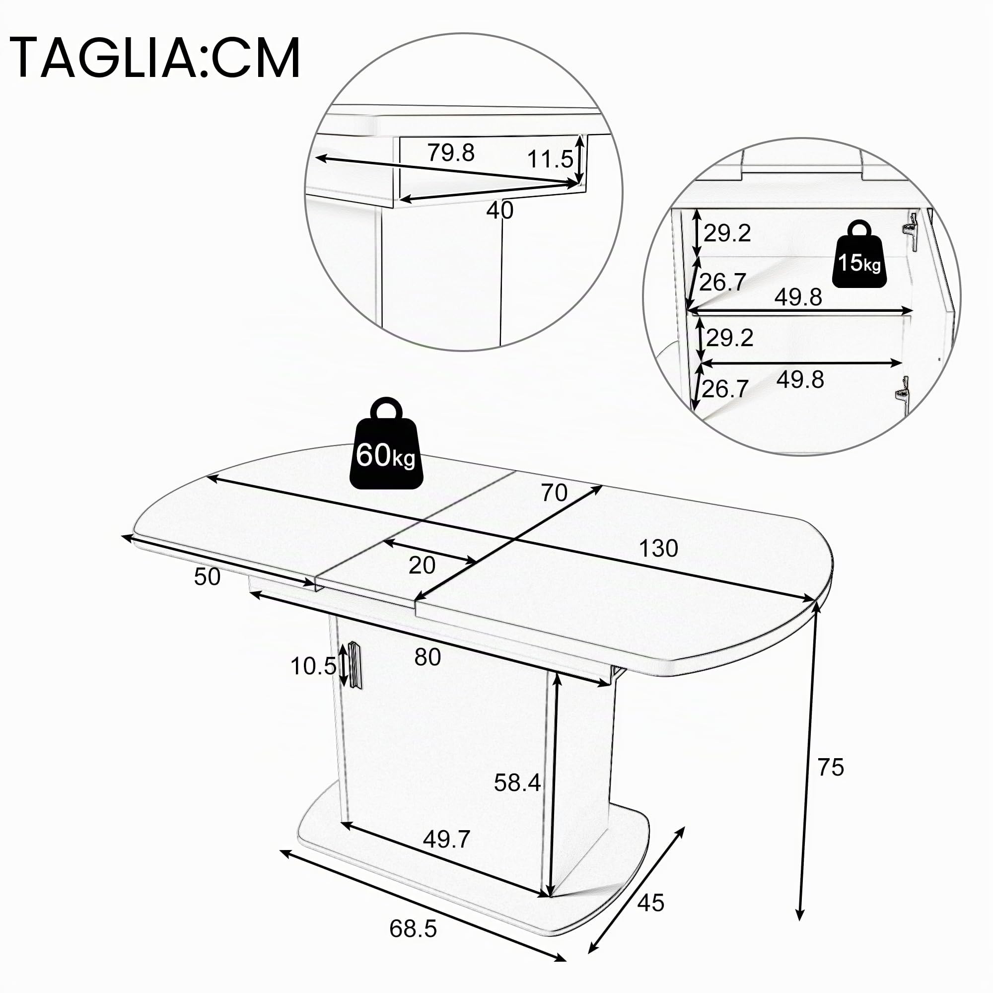 Soweiz Tavolo da pranzo ovale allungabile 110/130x70x75 cm, scrivania moderna con vano portaoggetti, multifunzione salvaspazio (effetto cemento + manico)