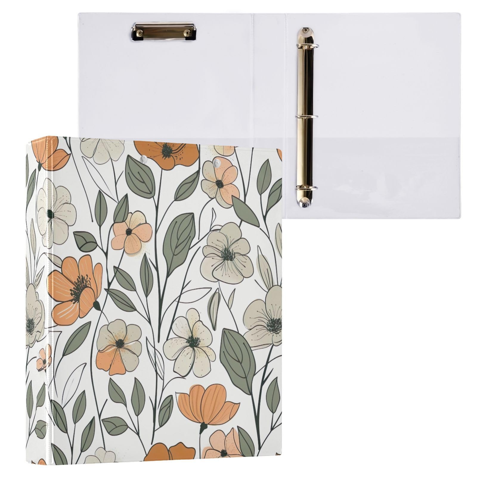 Raccoglitore ad anelli con 3 anelli, 3,8 cm, motivo floreale disegnato a mano, decorativo, con clip in metallo, formato A4, organizer per casa e ufficio, confezione da 2