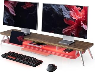 Fenge Dual Monitor Stand, 2 Tiers Acrylic Monitor Riser with App Control LED Lights, 42.5 Inch Wood and Aluminum Desk Shelf with Phone Holder