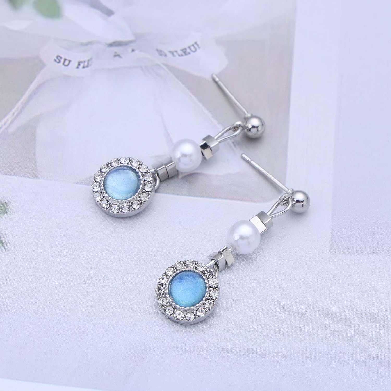 Bohemian Sapphire Pearl Dangle Earrings Blue Topaz Drop Earrings Round Pearl Crystal Stud Earrings Blue Gemstone Pearl Earrings Jewelry for Women - Image 6
