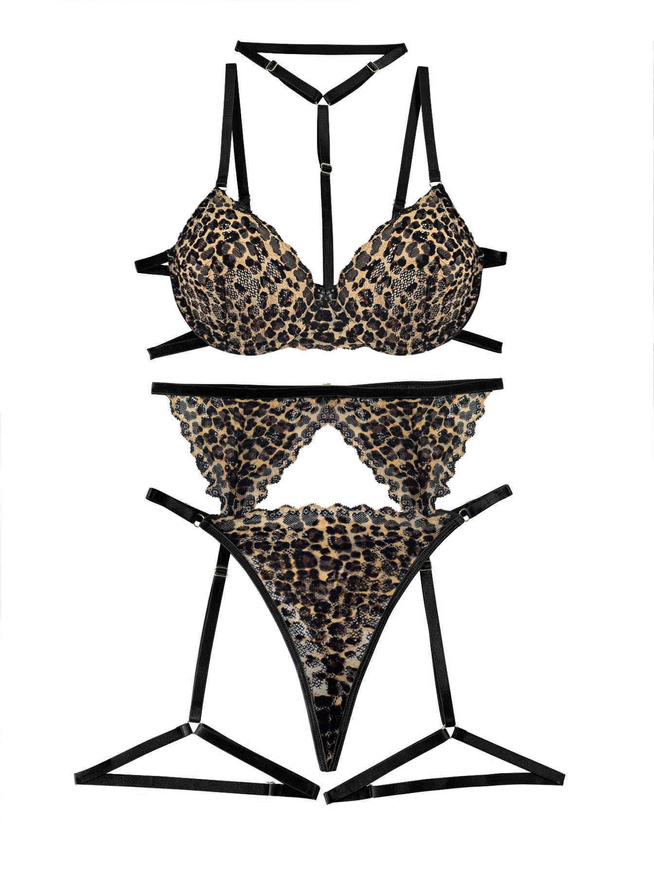 Lilosy Sexy Choker Floral Lace Scallop Sheer Underwire Push Up Garter Belt Lingerie Set 3 Piece: Medium Lace Leopard