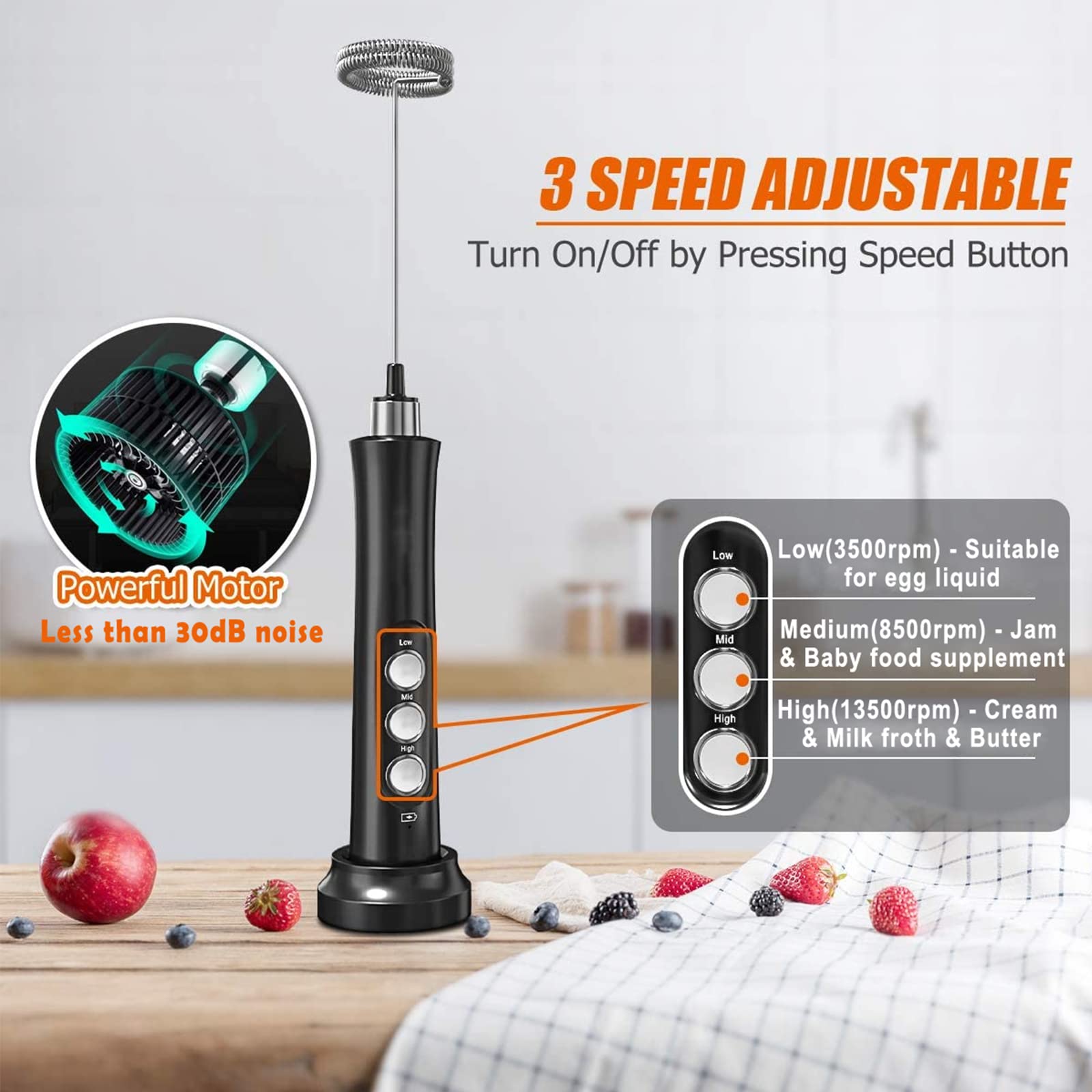 Montalatte Elettrico USB Ricaricabile, con 3 Velocità Regolabili & Frusta Inossidabile, Adatto per Cappuccino, Latte, Bulletproof Coffee, Uova, Proteine in Polvere, Matcha