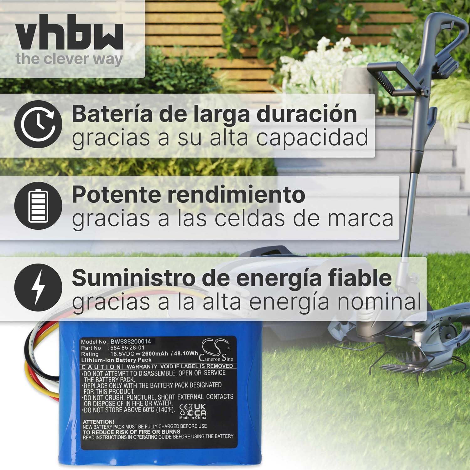 vhbw Batería reemplaza Husqvarna 592 96 83-01 para cortacésped 2600mAh 18,5V Li-Ion