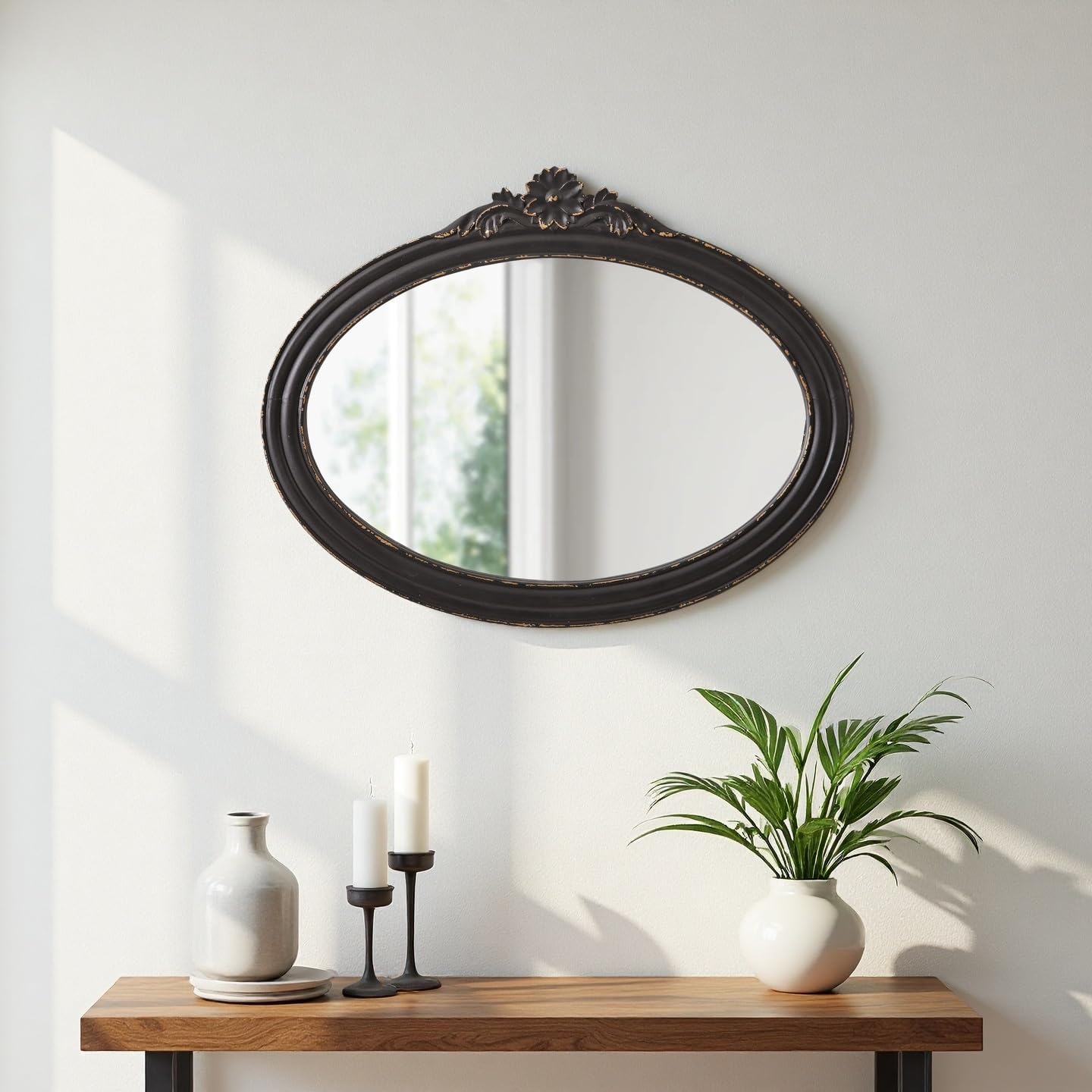 Rustic Oval Mirrors for Bathroom 30 X 24 Inch, Hanging Distressed Finish Black Wood Frame Vintage Wall Mounted Mirrors for Wall Decor Living Room Bedroom Entryway Hallway