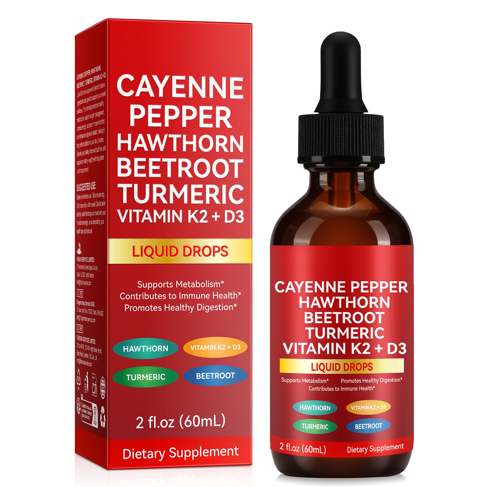 Cayenne Pepper Drops Supplement Liquid, Blend of Hawthorn Berry, Beetroot, Turmeric, VIT K2+D3, Daily Health Boost (2oz)