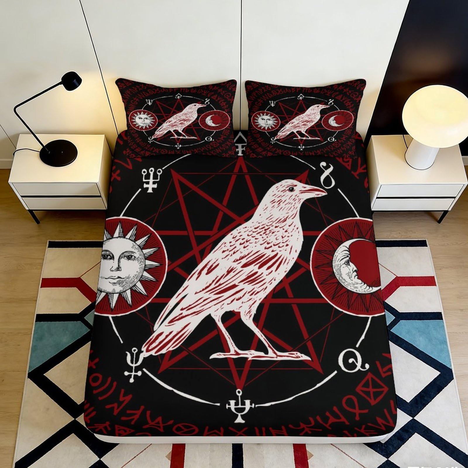 3D Printed Raven Pentagram Fitted Sheet Microfiber Black Red Sun Moon Mattress Cover for Bedroom Dorm Decor 90x200x25cm