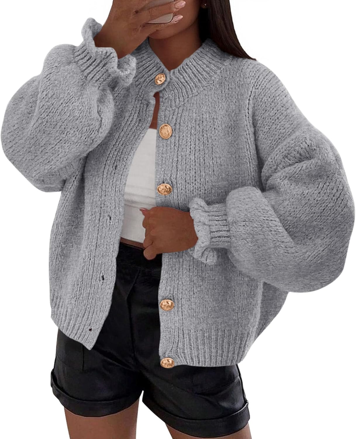 PRETTYGARDEN Womens Cropped Cardigans Trendy 2025 Ruffle Open Front Chunky Knit Sweater Oversized Button Down Fall Clothes