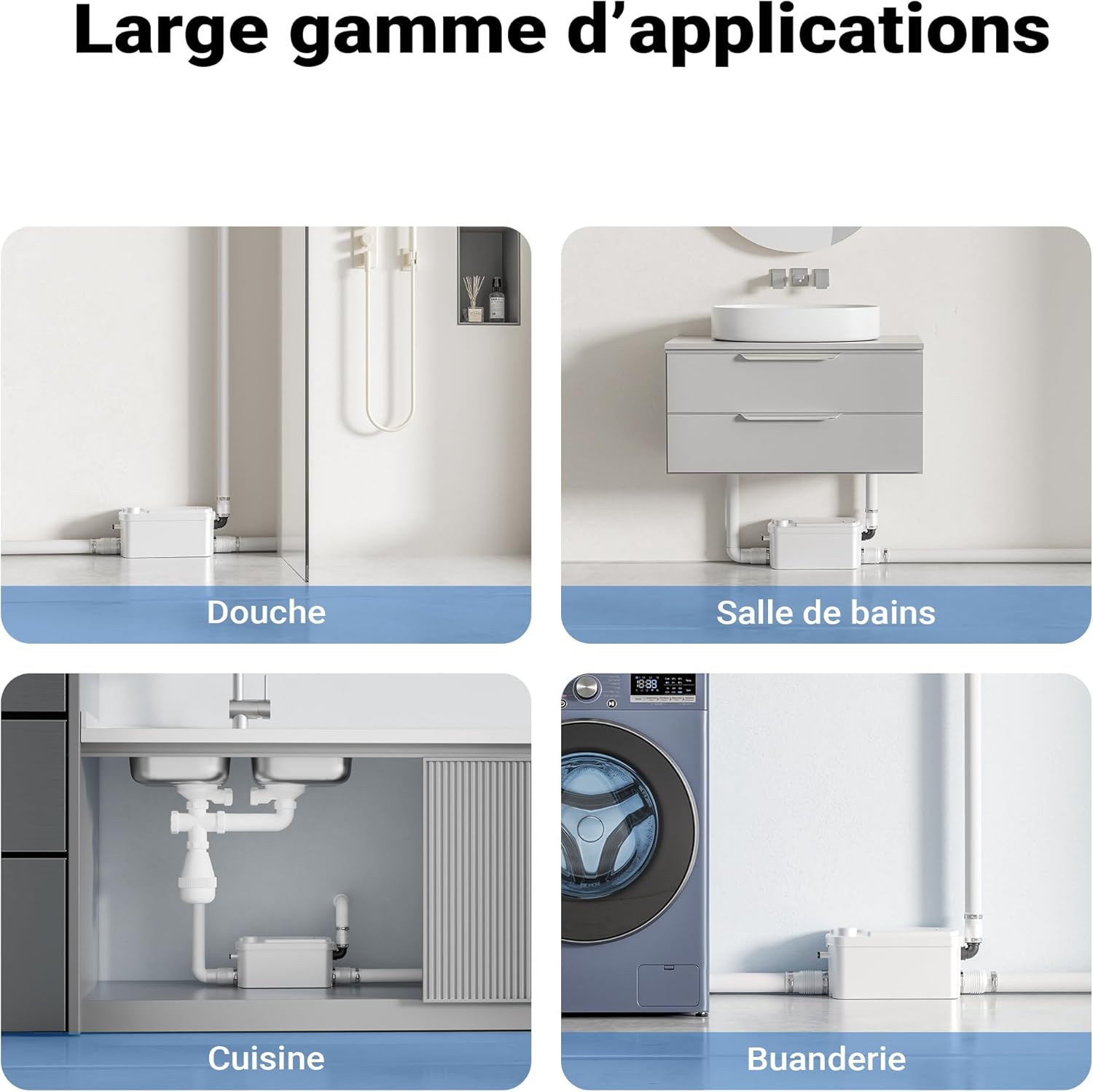 Koláž znázorňující různé scénáře použití čerpadla: sprcha, koupelna, kuchyň a prádelna.