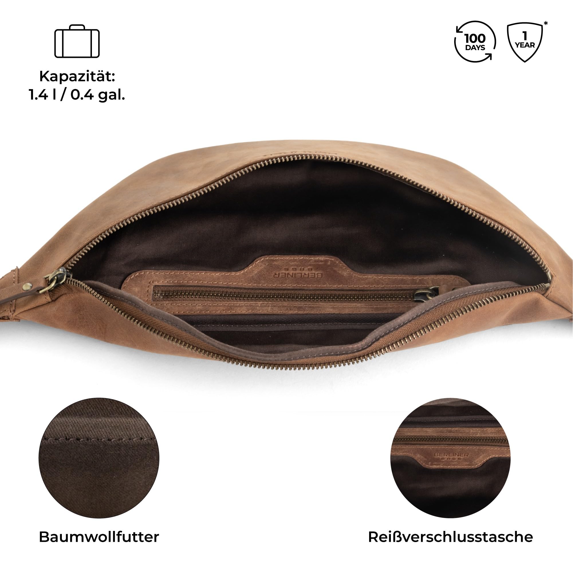 Berliner Bags Vintage Bauchtasche Mona XL, Umhängetasche aus Leder, Crossbody Tasche, Gürteltasche für Damen und Herren - Braun