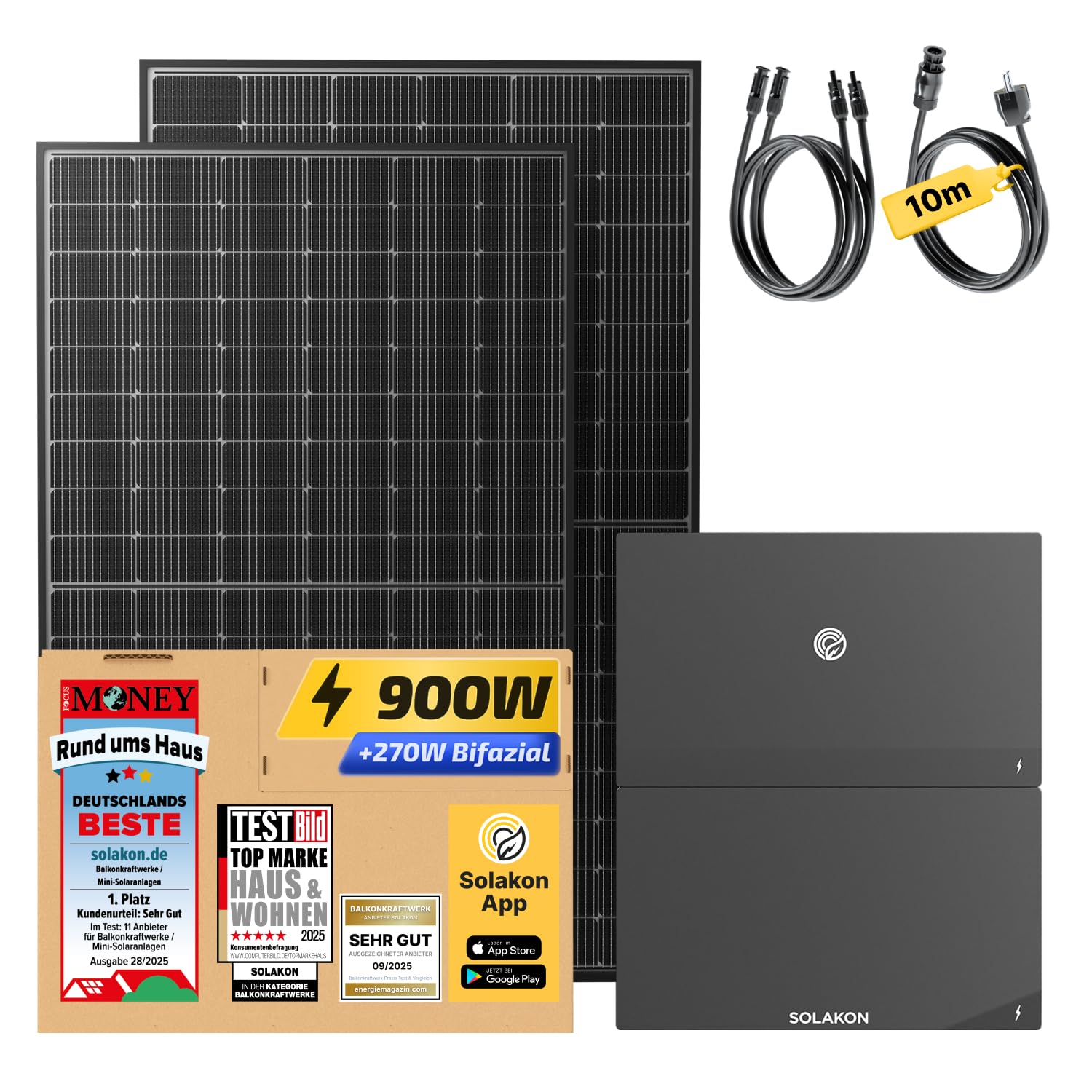 Solakon® 900W Balkonkraftwerk mit Speicher - Balkonkraftwerk 800W komplett Steckdose - 800 Watt Integrierten Hybrid-Wechselrichter - mit 4 kWh Solakon ONE Speicher - 450W bifaziale Solarmodule