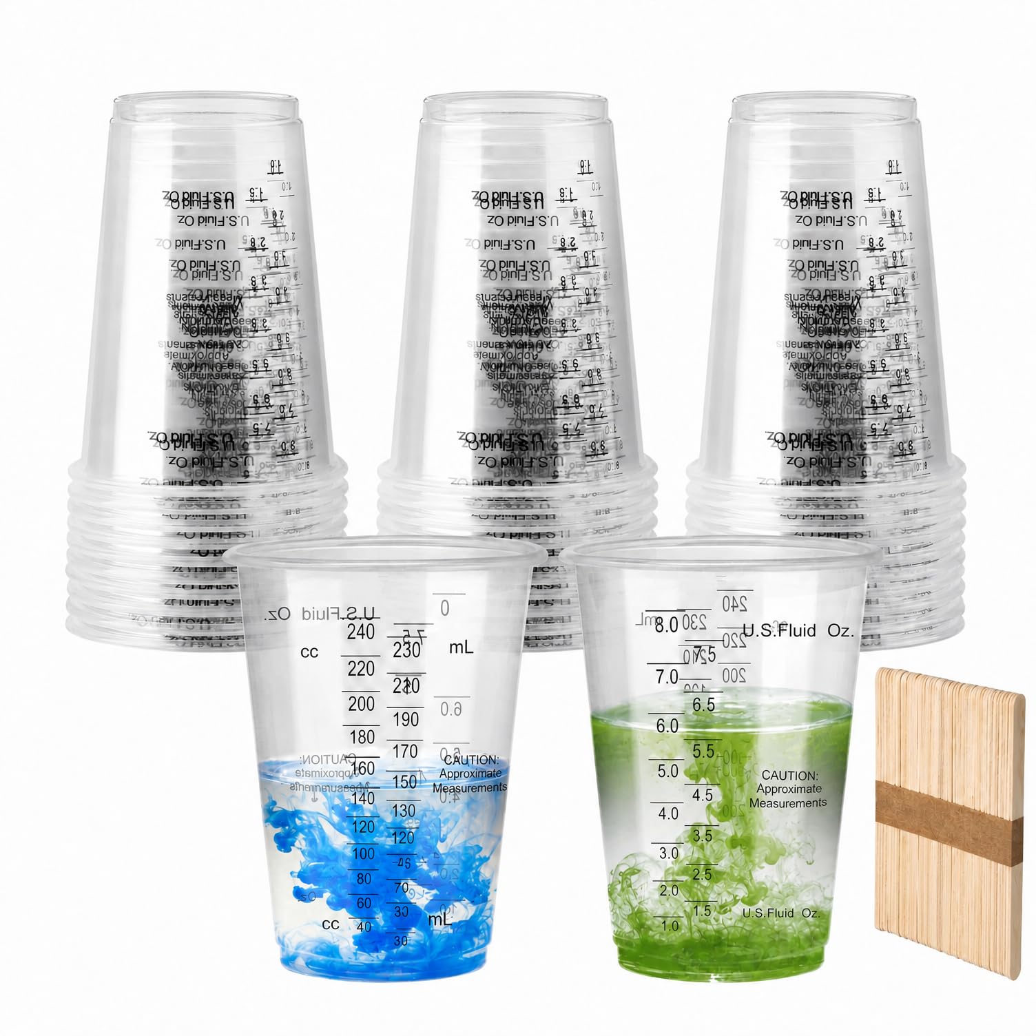 30Pcs Plastic Measuring Cups, 8oz / 240ml Epoxy Resin Mixing Cups with Scale, Clear Disposable Measuring Cups with 30 Wooden Stirring Sticks for Liquids, Mixing Resin, Paint, Pigment