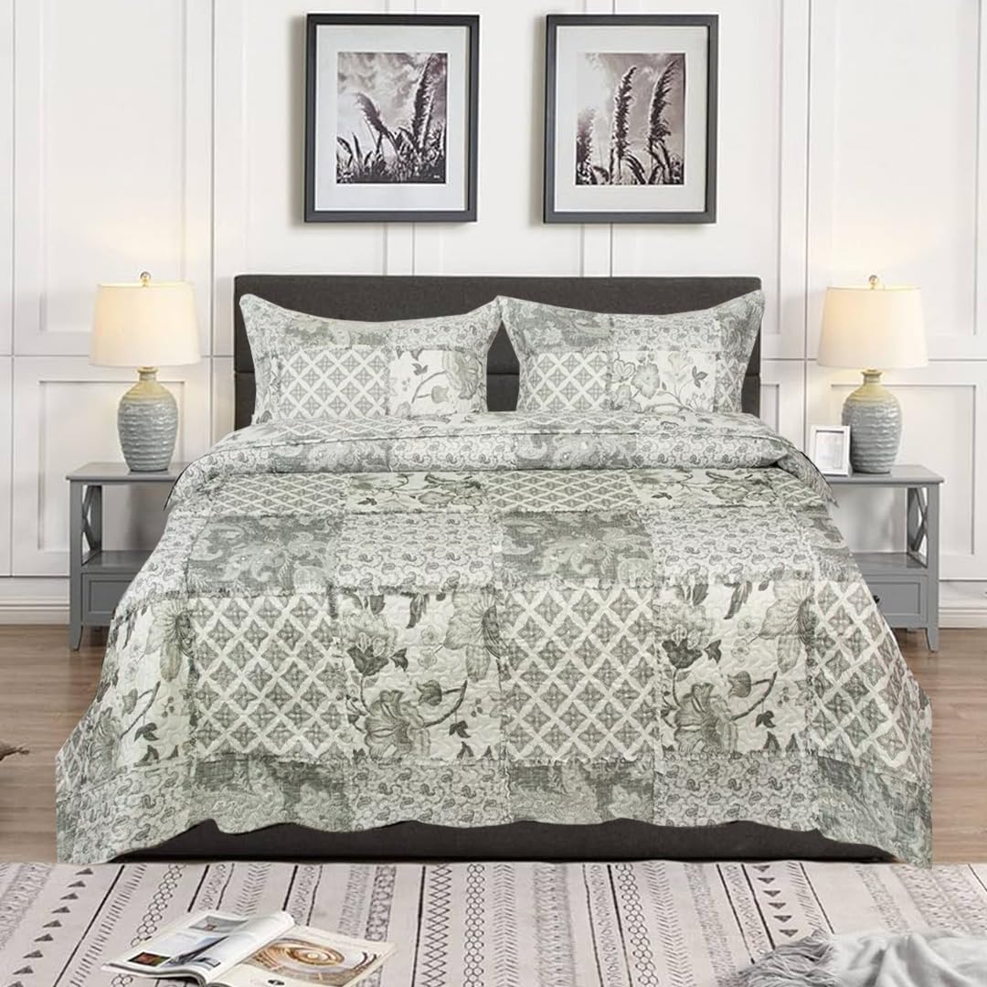 ZIYA HOMES Super King Size Quilted Patchwork Bedspread Comforter Bed Throw with Pillow Sham Quilted Coverlet Bedding set Reversible Cotton Bedsheet Quilted Duvet Washable
