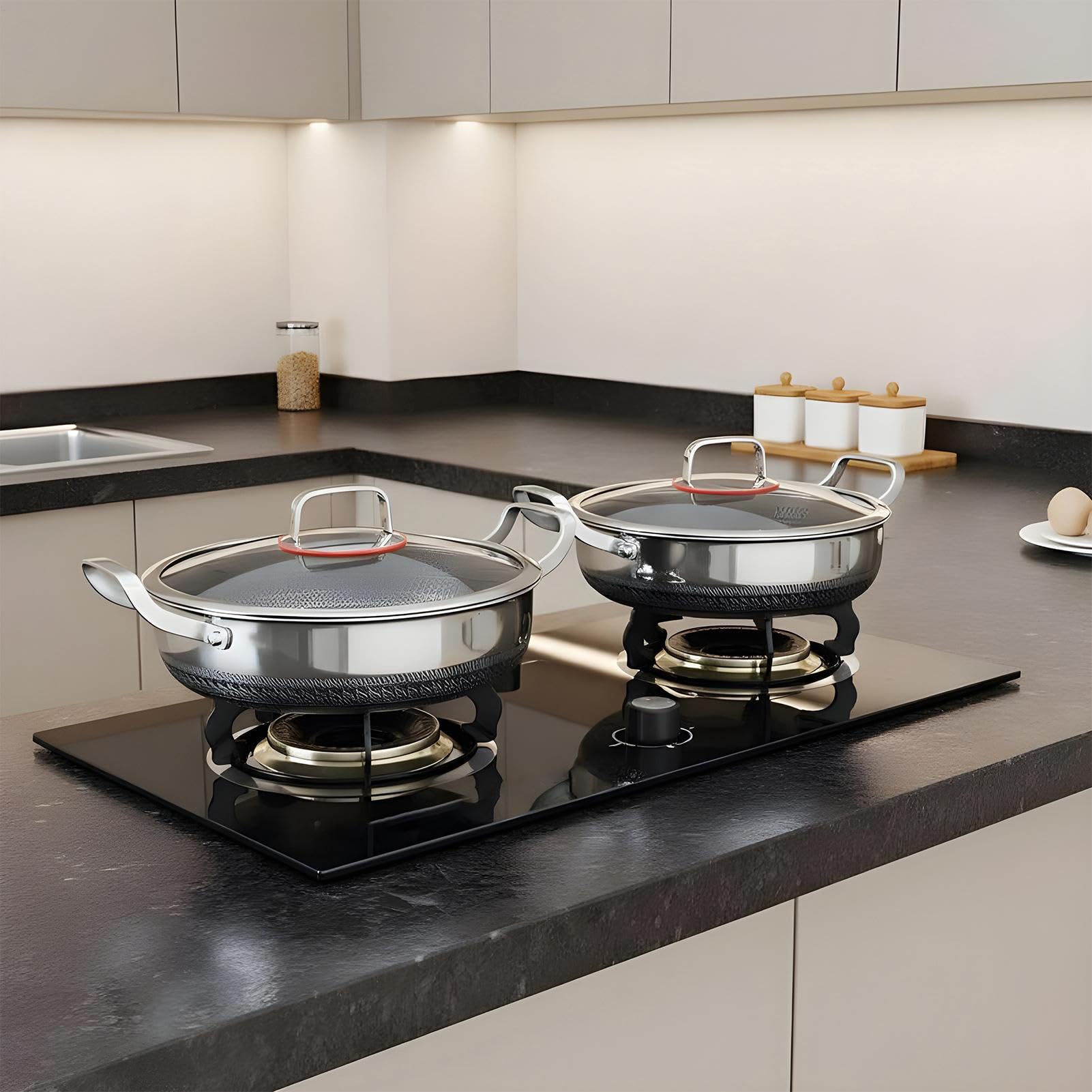 Sauteuse | Ustensiles de cuisine antiadhésifs à double poignée en acier inoxydable avec couvercle, grande poêle de cuisson | pour la maison, le restaurant, le camping, la cuisson au four, les omelette