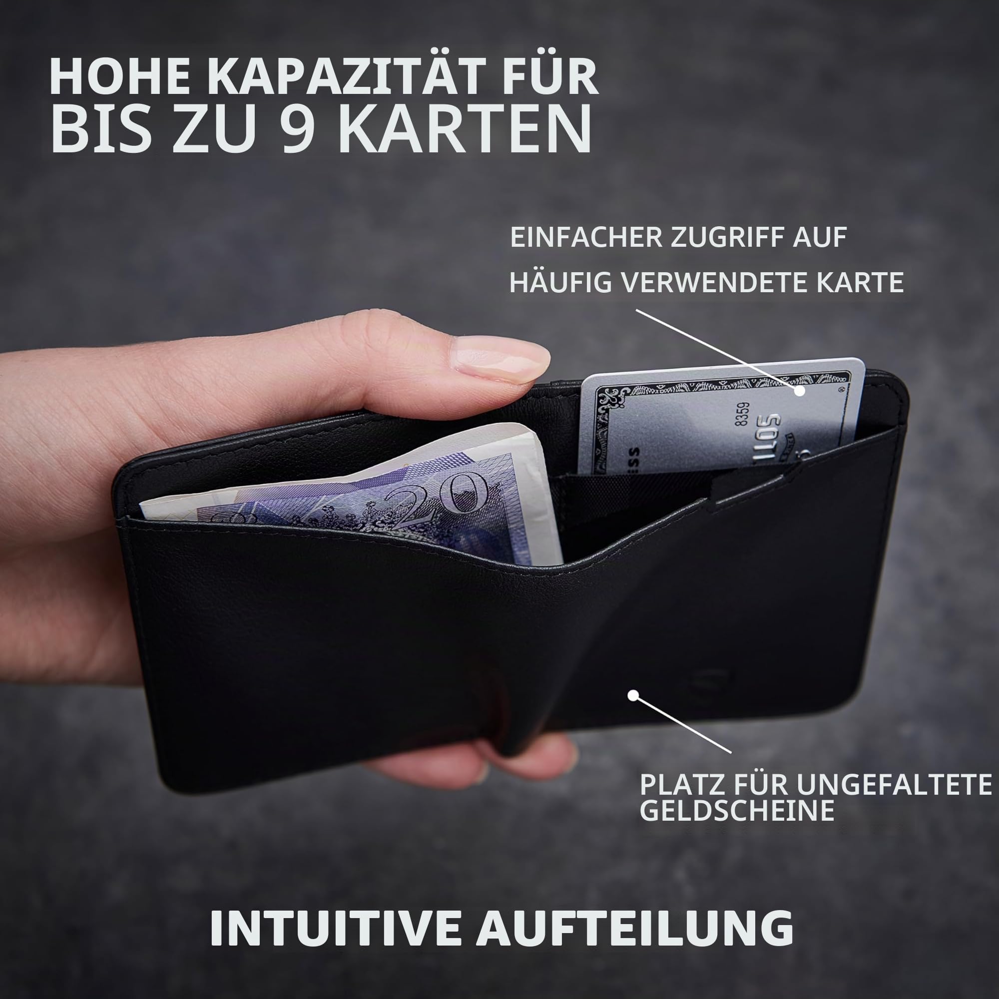 Vaultskin City Slim Leder Geldbörse Herren, Mini Portmonee, RFID (Schwarz) | Minimalistischer Geldbeutel und Wallet, 9 Karten, Euro-Scheine passen ungefaltet, Schutz vor unbefugtem Auslesen, Geschenkbox