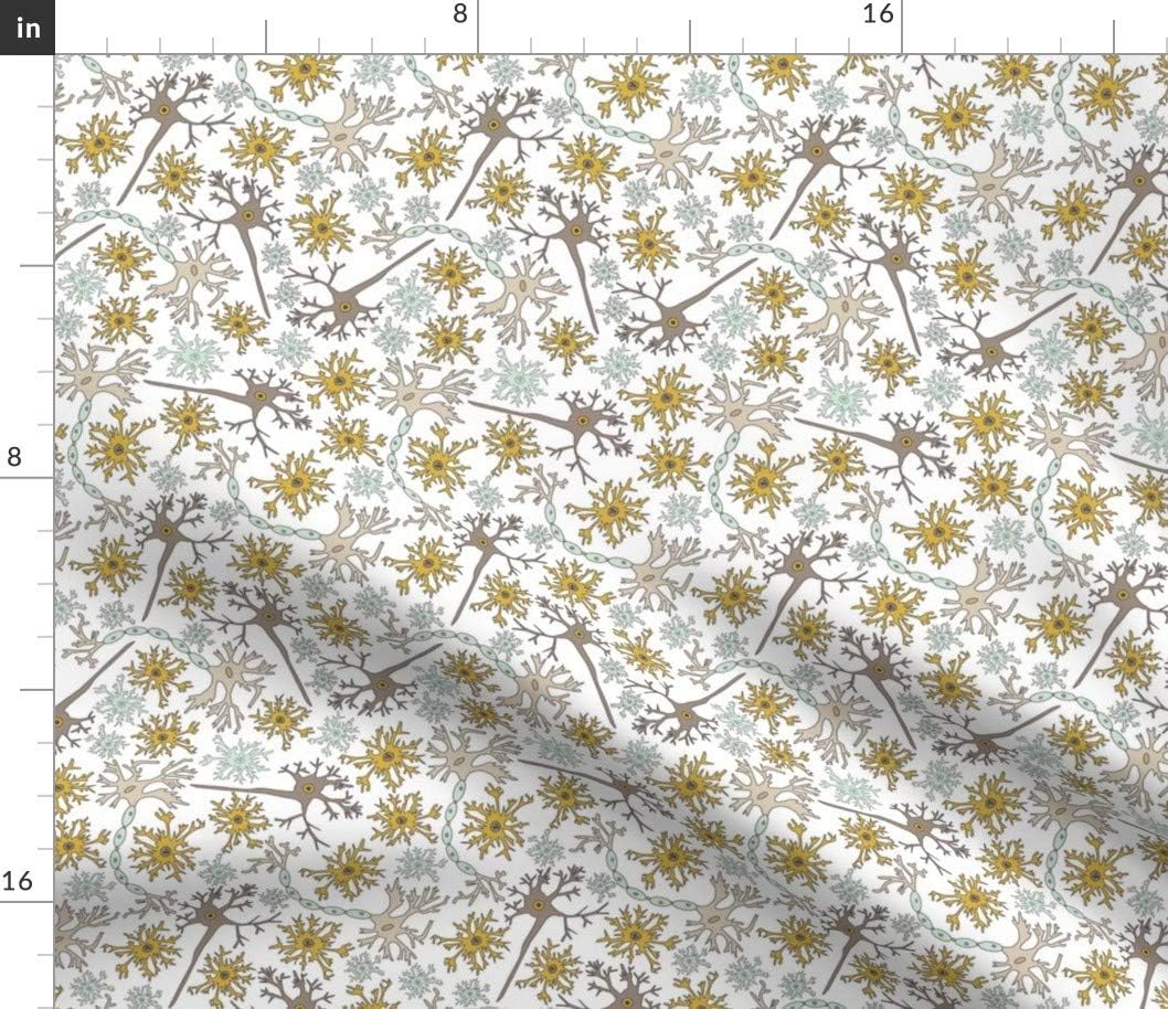 Spoonflower Fabric - Neurons Yellow White Medical School Brain Science Printed on Petal Signature Cotton Fabric Fat Quarter - Sewing Quilting Apparel Crafts Decor