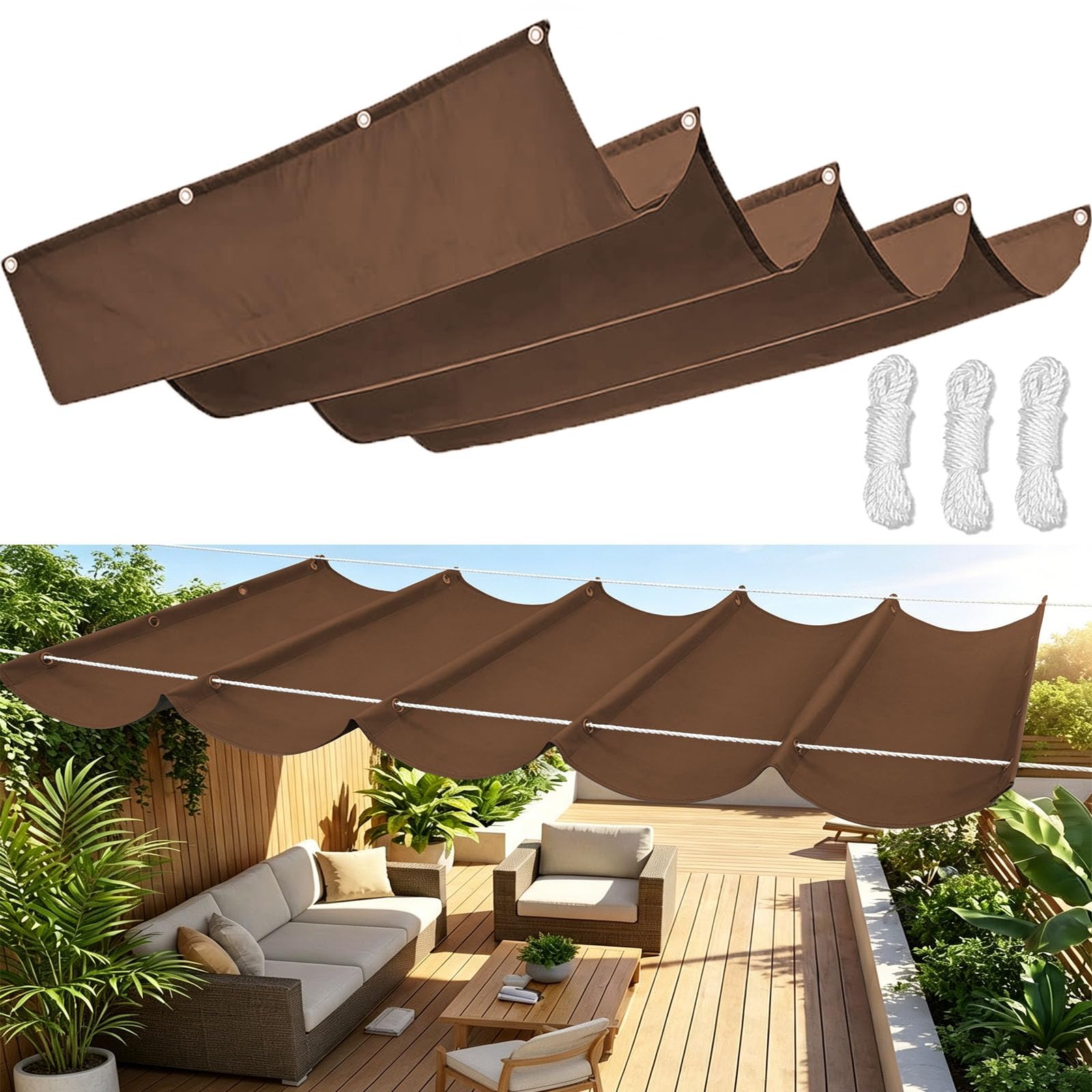Retractable Wave Sun Shade Sail, Waterproof Sunscreen Awning Canopy UV Rays Blocking, Shade Sails for Garden Patio Pool Yard Party with Free Rope-Coffee||50x1000cm
