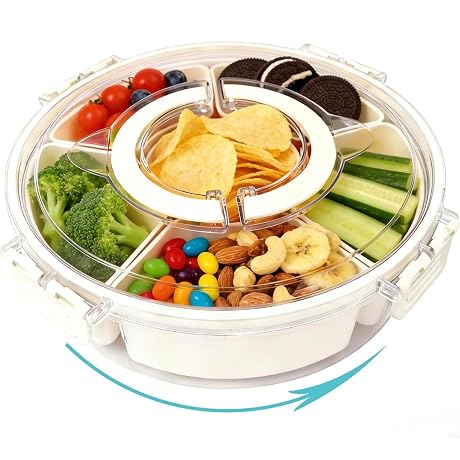 Serving Tray with Lid and Handle - 6-Compartment Divided Snackle Box, Rotating Snack Spinner for Fruits Veggies, Stackable Portable Container for Kitchen Party Fridge Storage (White Round)
