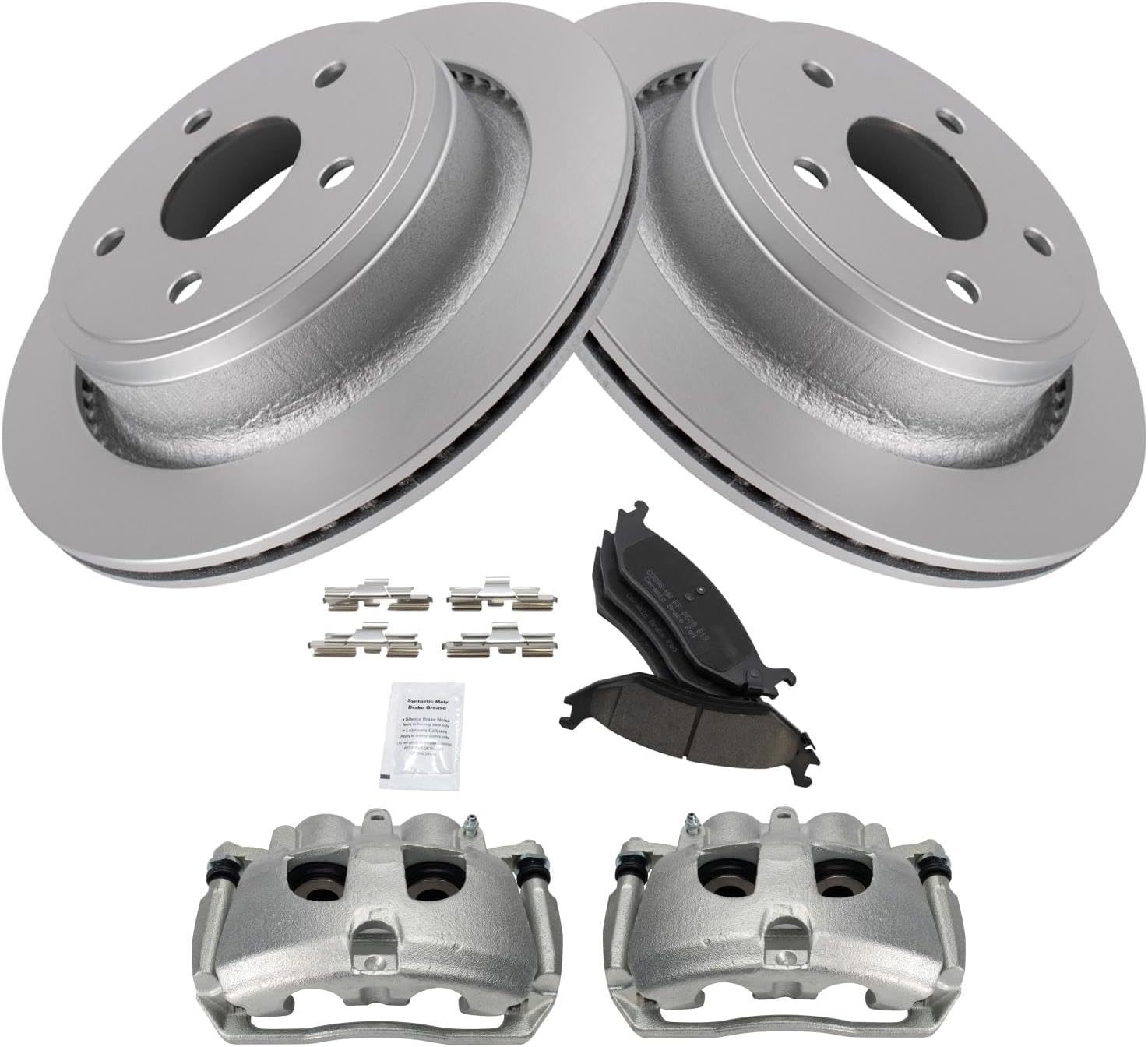 TRQ Rear Brake Pad & Rotor Kit Brake Caliper Brake Pads Brake Rotor Ceramic Vented Premium G-Coated Compatible with 2012 Ram 1500