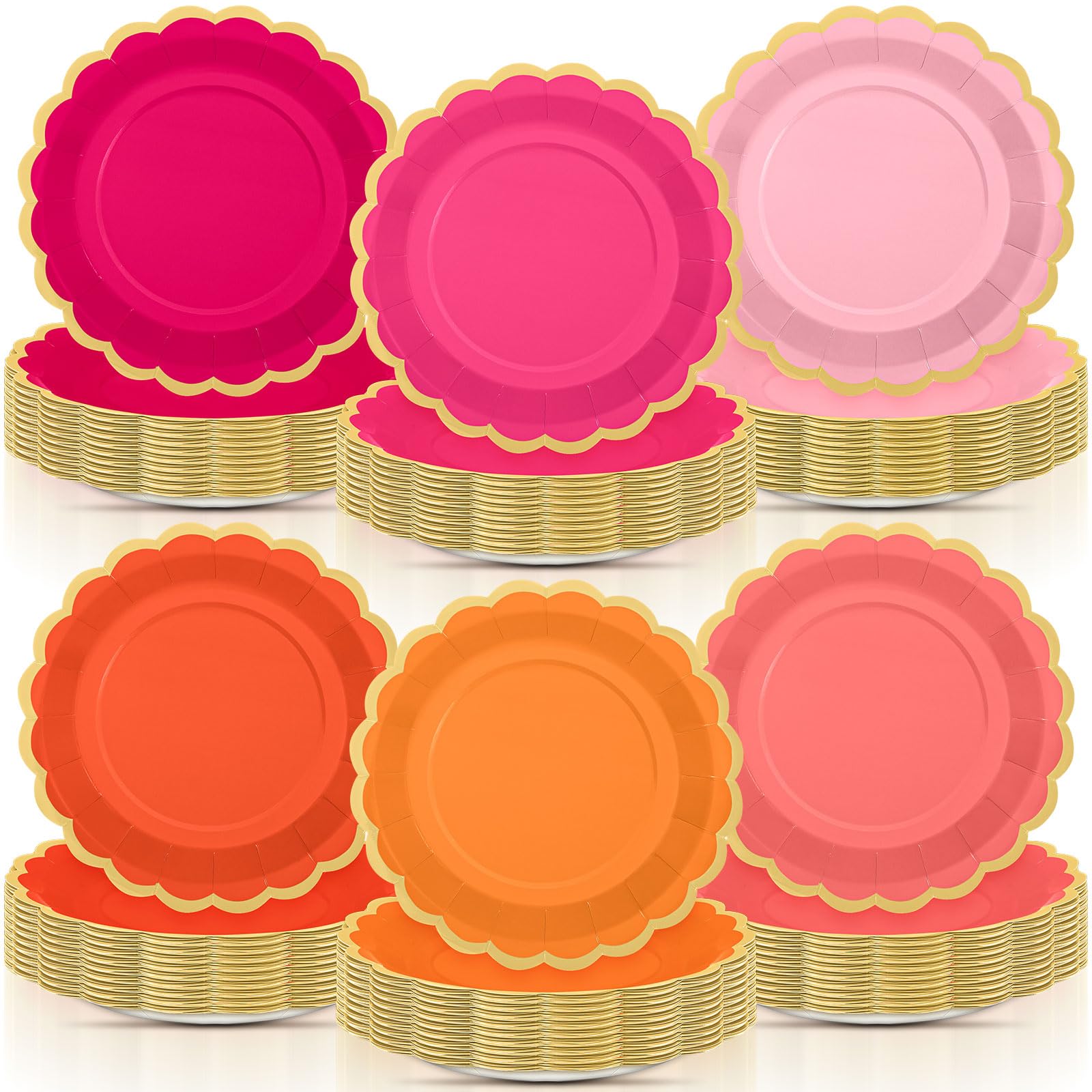 96 Pcs Pink and Orange Paper Plates 9 Inch Scalloped Paper Plates Disposable Dinner Dessert for Birthday Wedding Bridal Party Supplies, 6 Colors