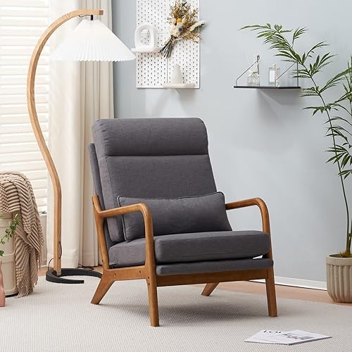 Miniatura 4 de Bonnlo Silla decorativa moderna de mediados de siglo, de lino beige con respaldo alto, sillones de salón acolchados de madera soild, sillas