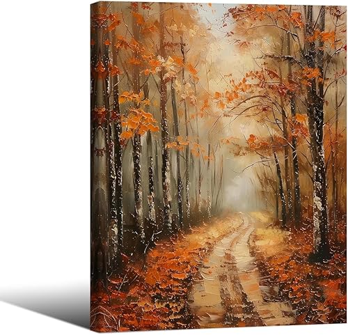 Miniatura 10 de Jefuzh Arte de pared de paisaje de naturaleza otoñal, póster de paisaje de árbol de bosque de otoño, hojas de arce retro, pintura al óleo, Vintage