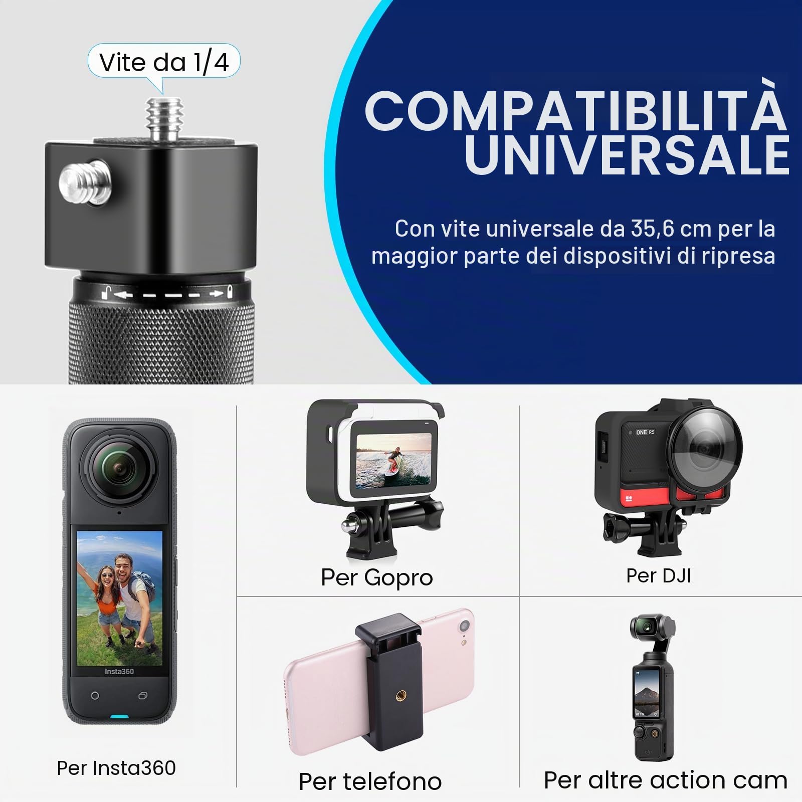 PULUZ Insta 360x4 Treppiede Insta 360 Bullet Time Handle, Mini Treppiede Fotocamera con Doppio 1/4 di Pollice per Insta360 One X2, X3, X4, per Gopro Hero 12 11 10 8 7 6 5