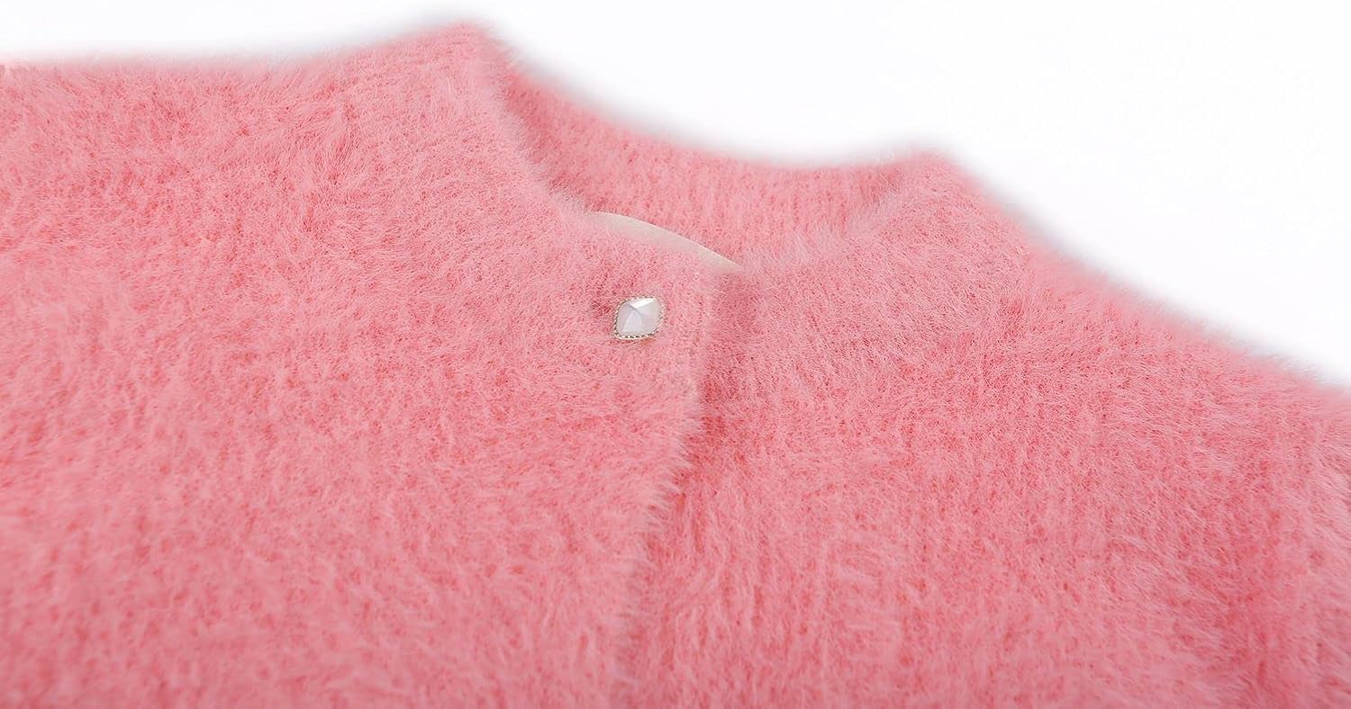 SMILING PINKER Girls Cardigan Crewneck Fuzzy Button Sweater Long Sleeve Winter Eyelash Jacket for Dress