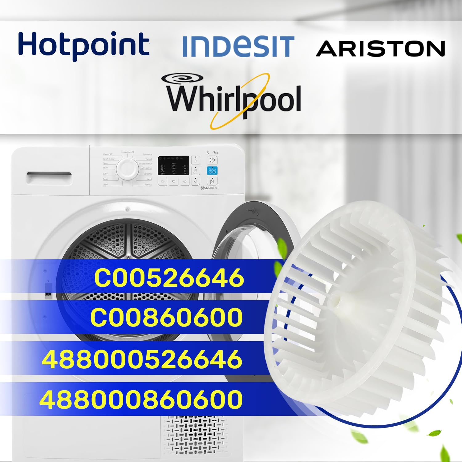 Roue de Ventilateur pour Séchoir Ø 155 mm avec le Code C00526646 C00860600 pour Indesit 488000526646 488000860600 pour Whirlpool - Garantie de 10 Ans - MONTERAL