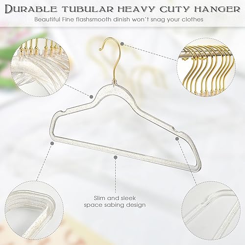 Miniatura 2 de 20 perchas de acrílico transparente con purpurina de plástico antideslizante para ahorrar espacio, traje resistente para colgar ropa con muescas