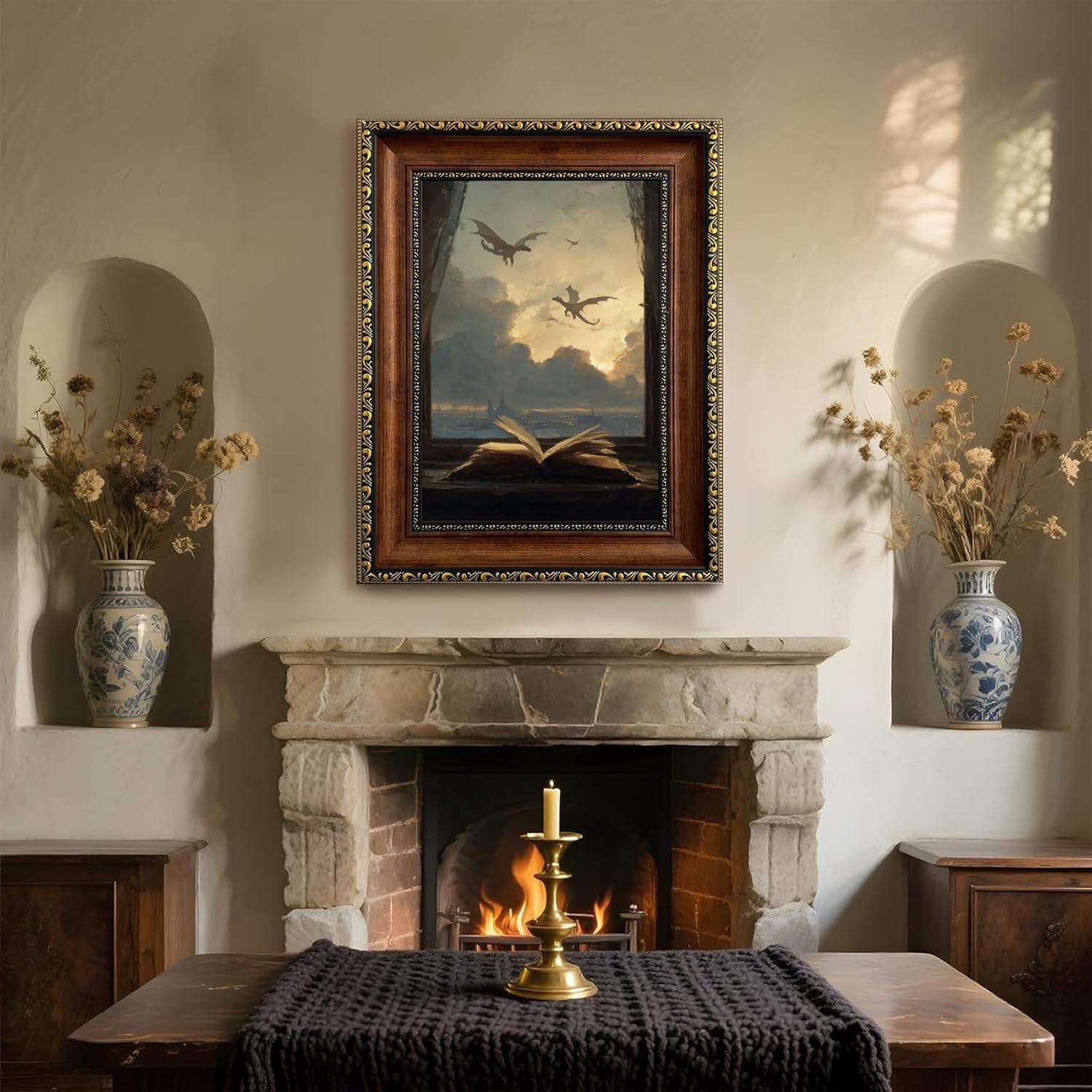 Framed Fantasy Dragon Book Canvas Wall Art Vintage Dark Academia Open Book Print Gothic Aesthetic Library Wall Decor for Bedroom Study Living Room 12x16in Ready to Hang