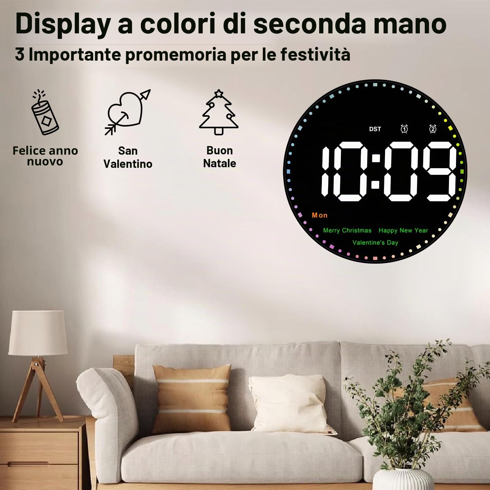 Orologio da parete digitale rotondo grande da 10" con telecomando, orologio digitale con 2 allarmi/temperatura/data/ora/festival/luminosità regolabile/conto alla rovescia per casa, palestra