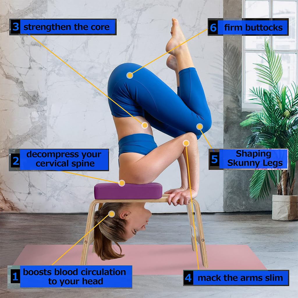 Sedia per Inversione Yoga, Cuscino Sedile Rimovibile, Panca Yoga Multifunzionale, Struttura in Legno Massello Sgabello Yoga per Famiglia e Palestra,Viola